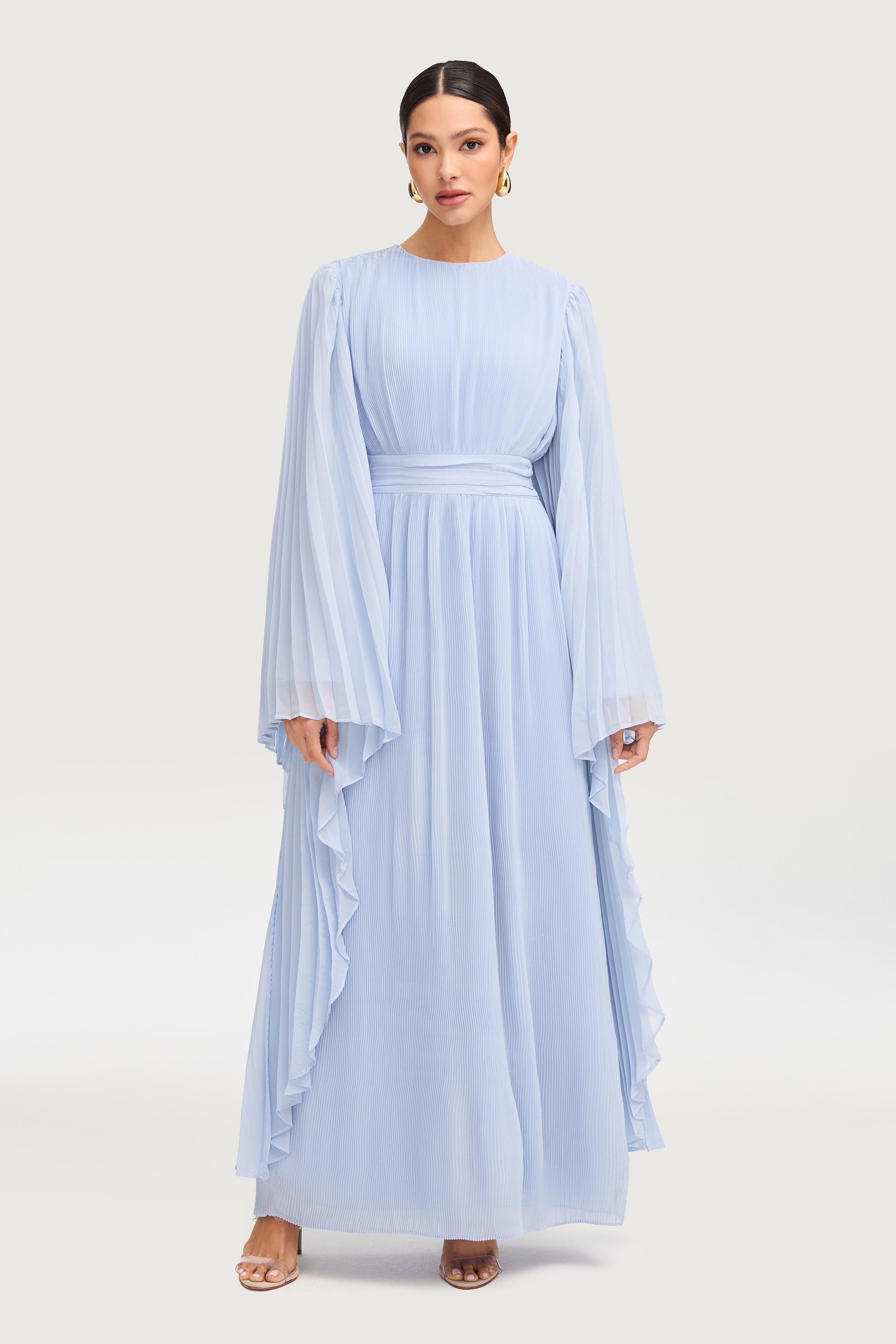 Chiffon Pleated Maxi Dress - Pastel Blue Dresses Veiled 