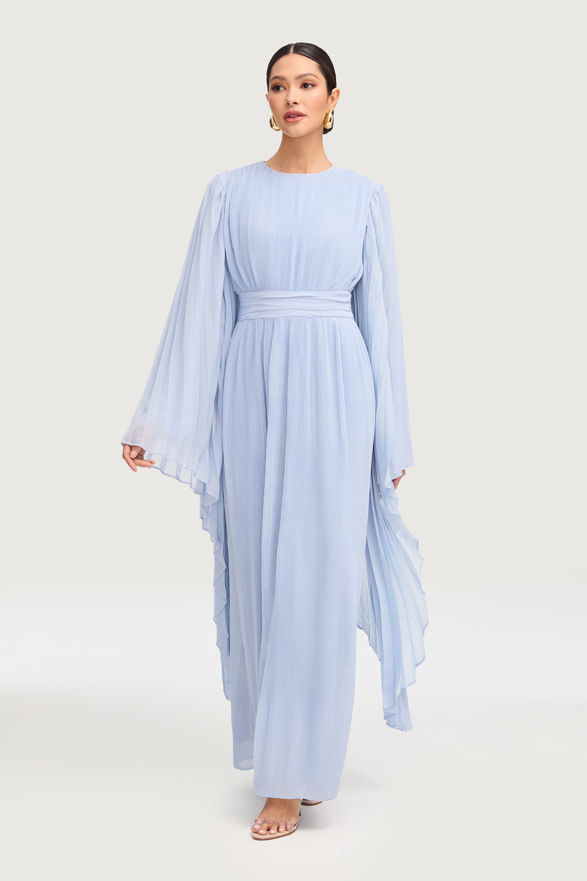 Chiffon Pleated Maxi Dress - Pastel Blue Dresses Veiled 