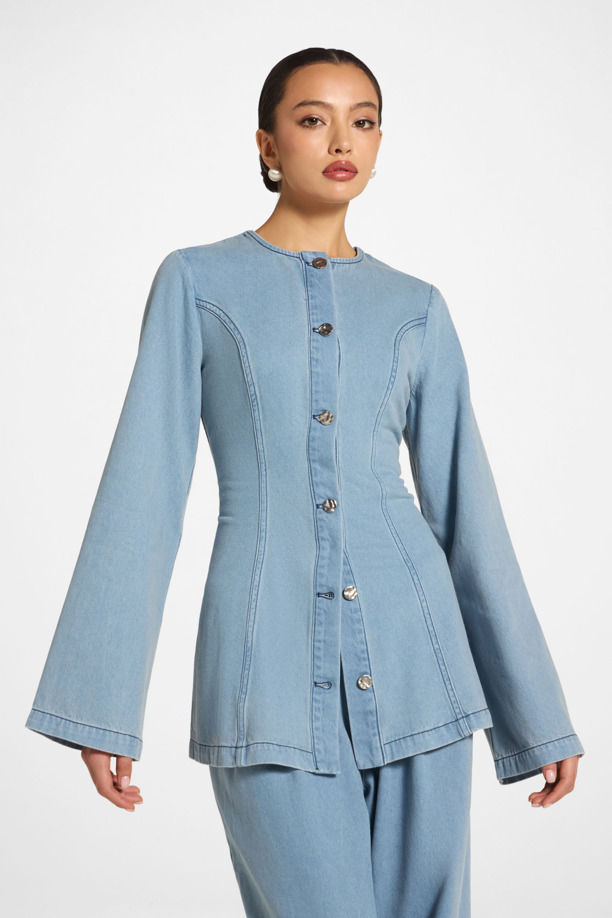 Cinch Denim Jacket - Light Wash Abayas Veiled 