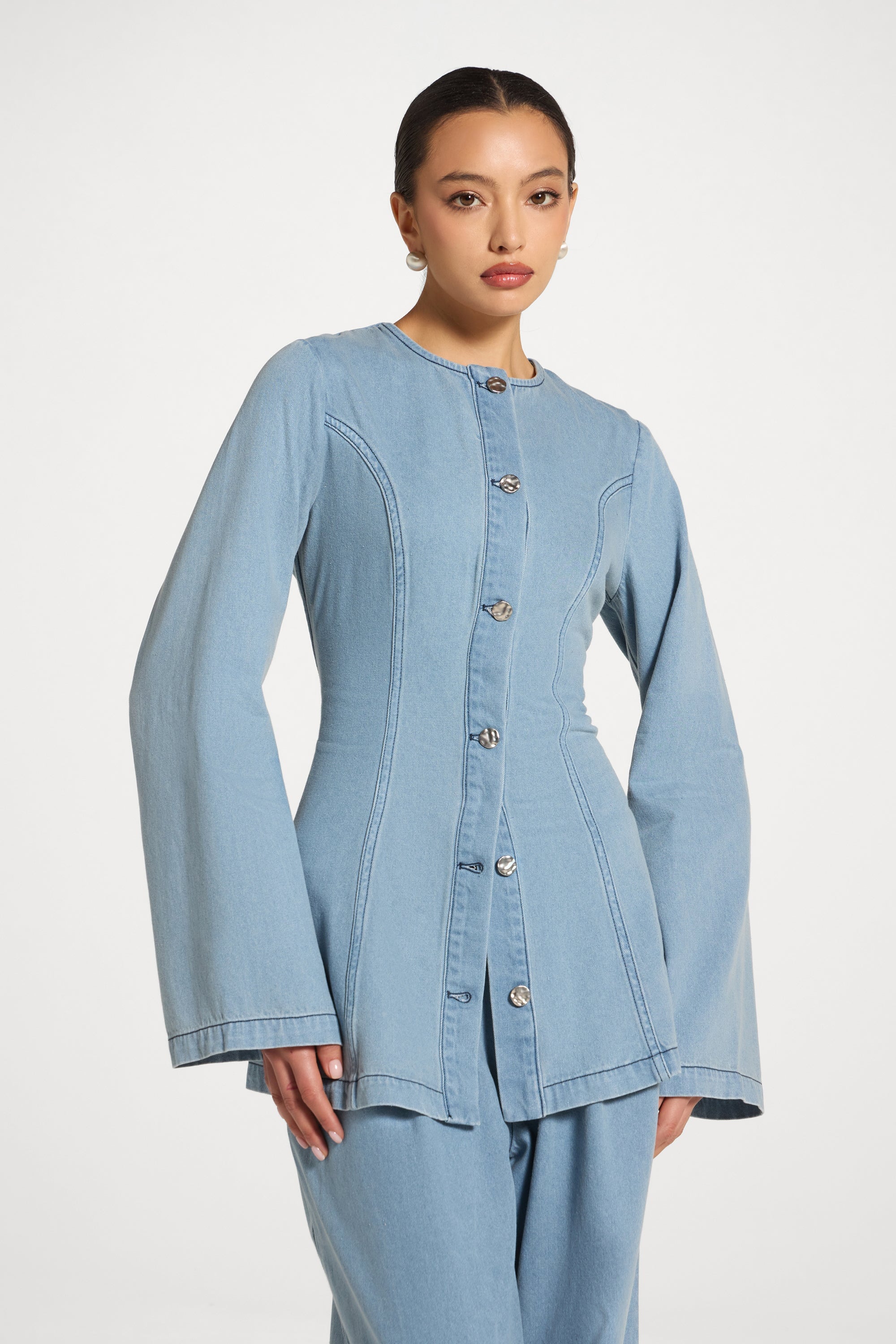 Cinch Denim Jacket - Light Wash Abayas Veiled 