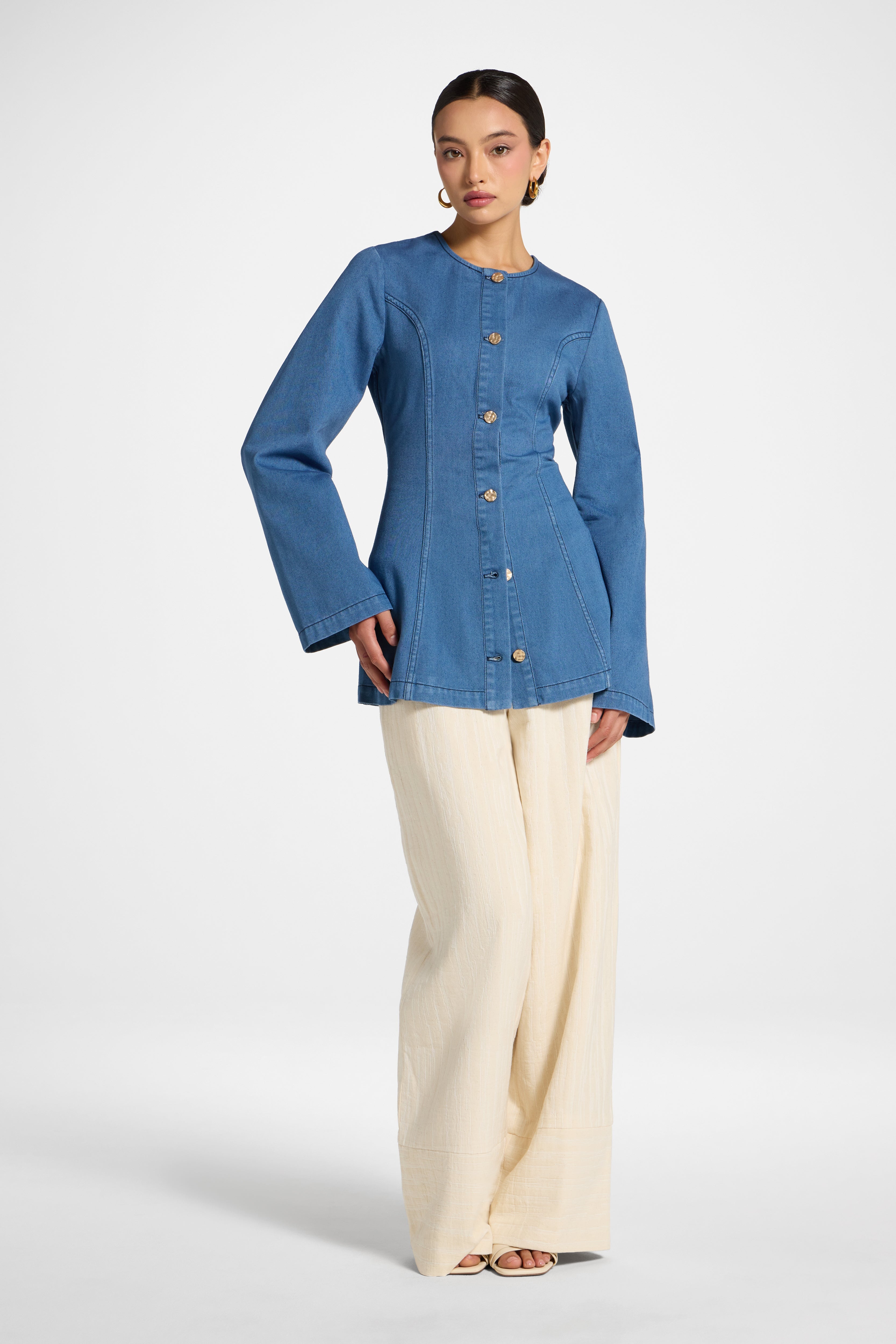 Cinch Denim Jacket Top - Mid Wash Abayas Veiled 