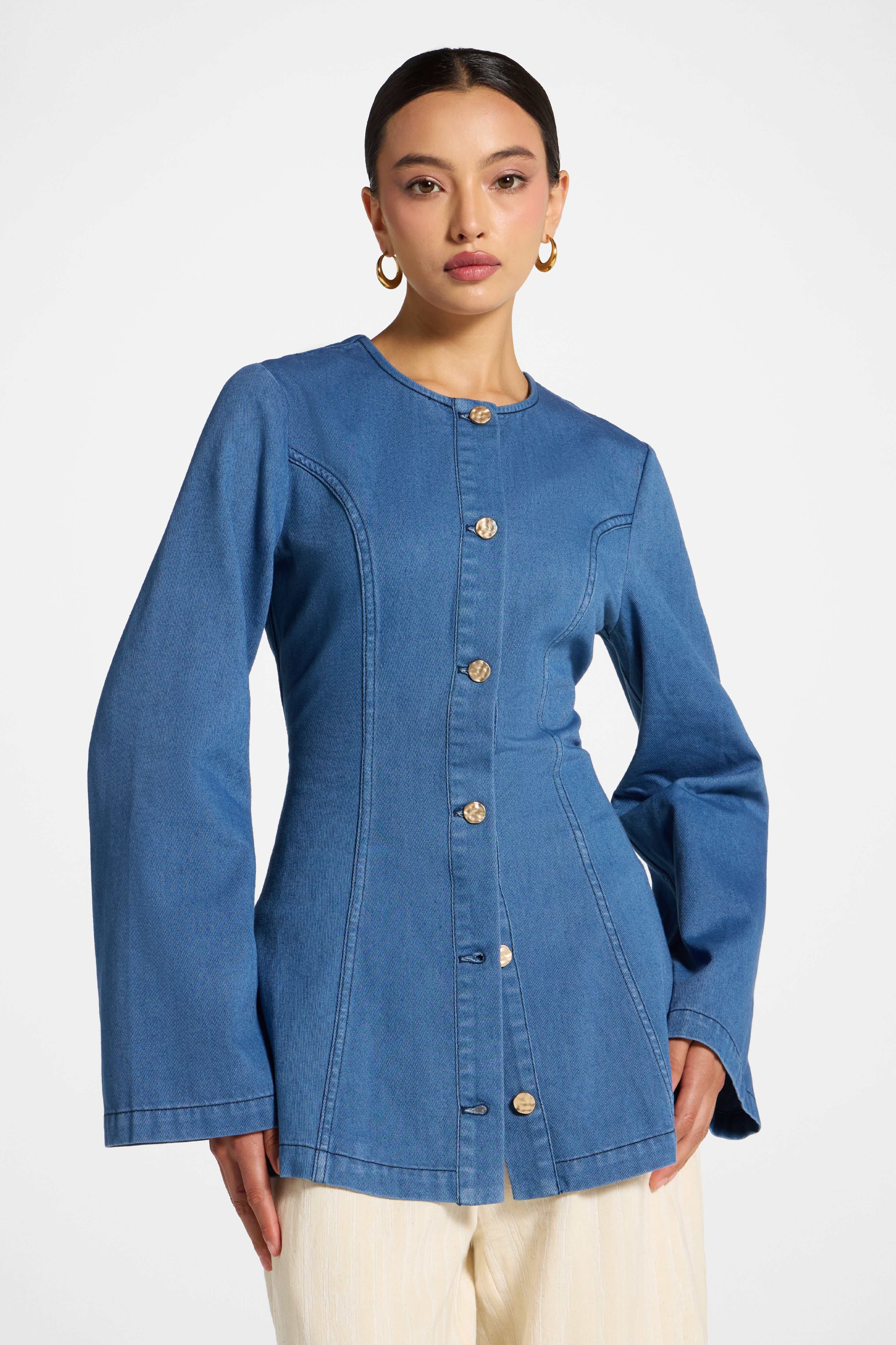 Cinch Denim Jacket Top - Mid Wash Abayas Veiled 