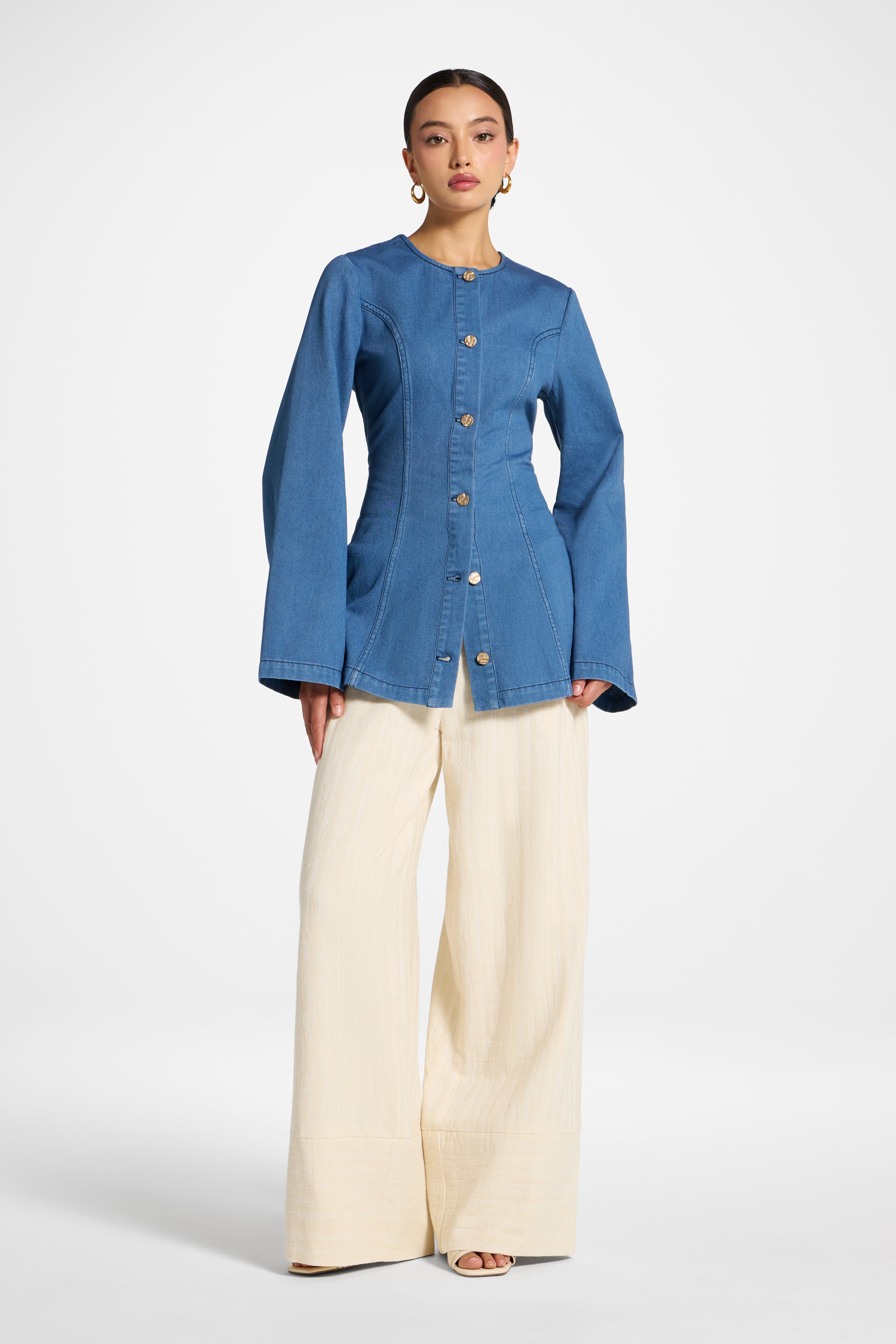 Cinch Denim Jacket Top - Mid Wash Abayas Veiled 