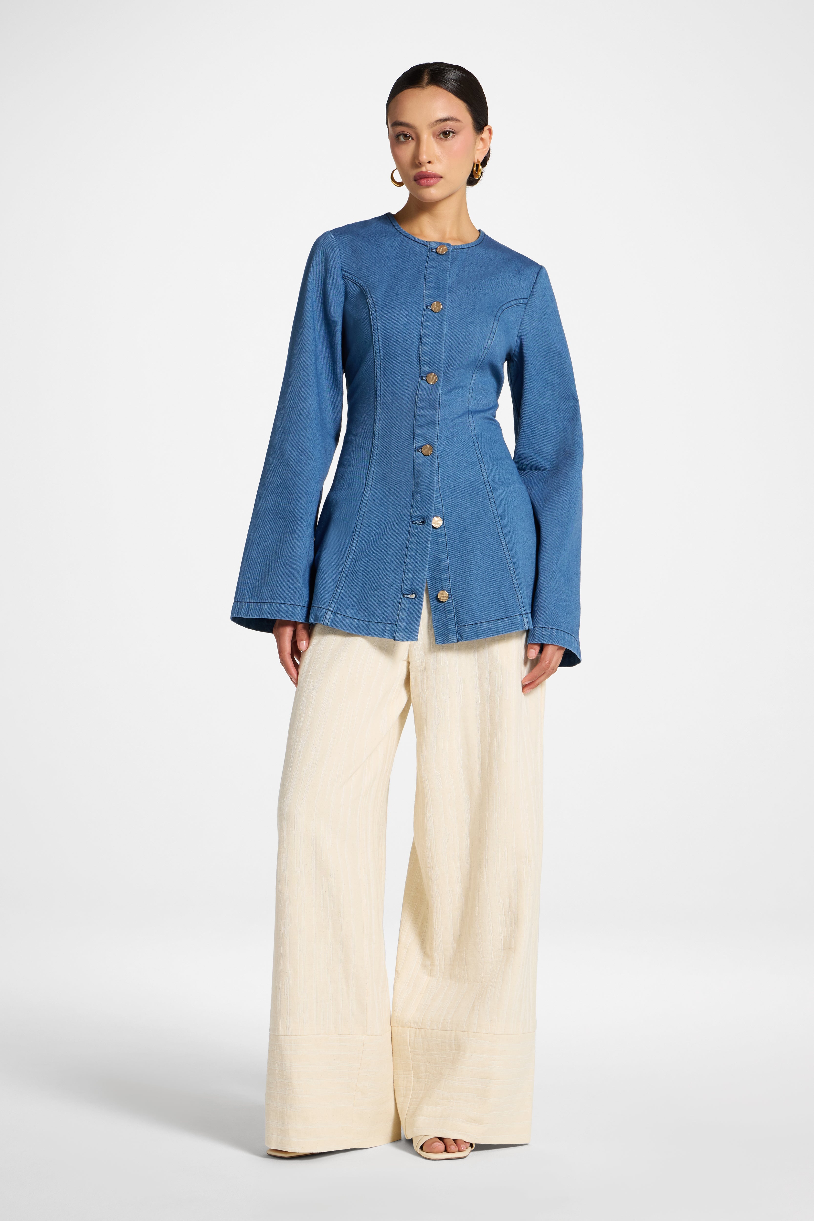 Cinch Denim Jacket Top - Mid Wash Abayas Veiled 