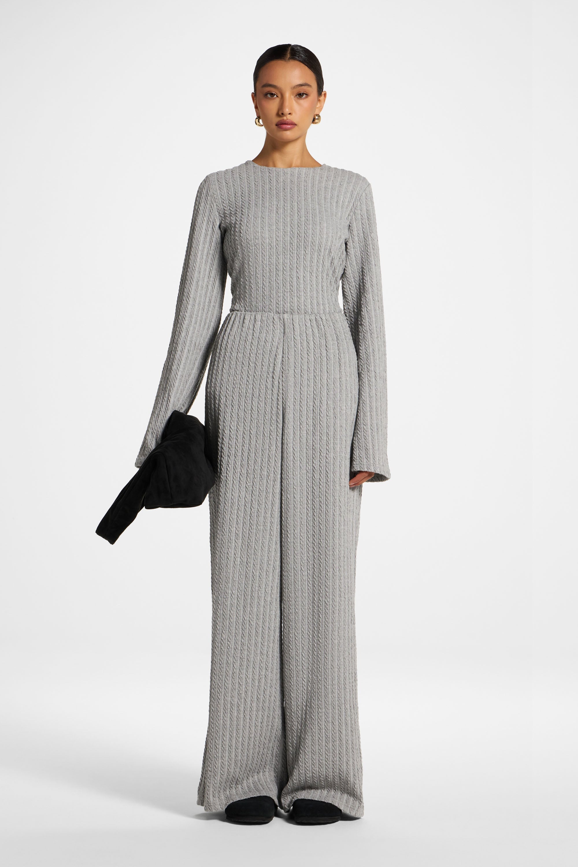 Cotton Blend Wide Leg Pants - Charcoal Top Veiled 
