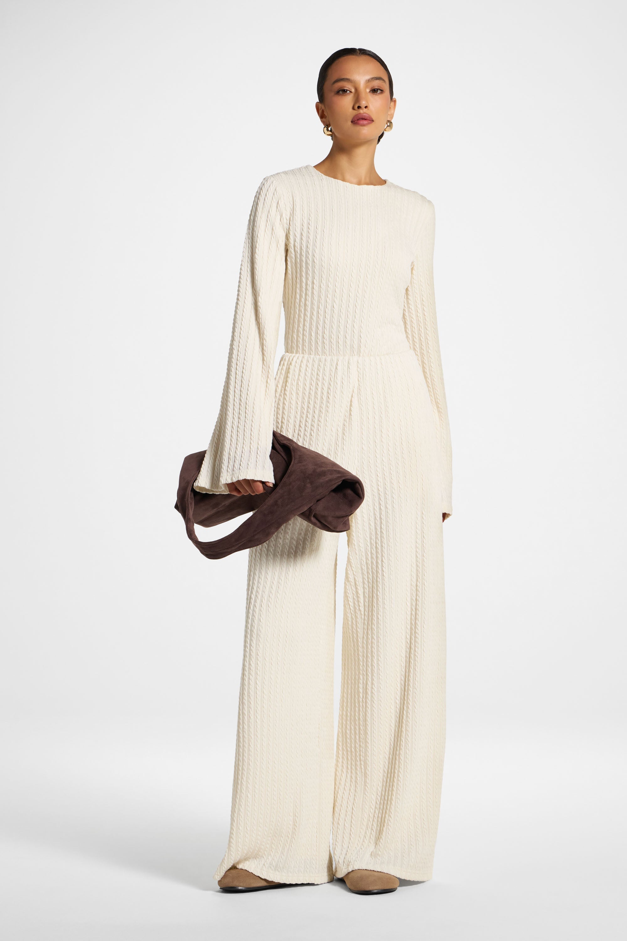 Cotton Blend Wide Leg Pants - Sand Top Veiled 