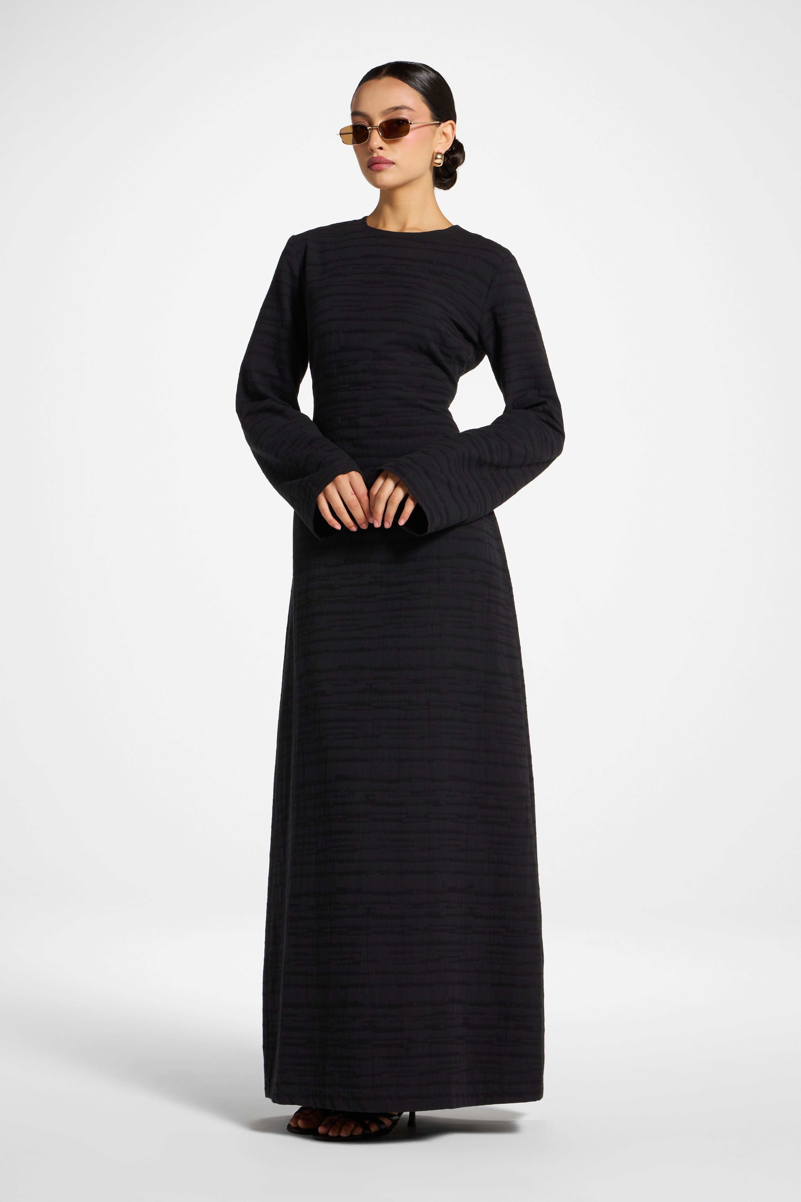 Cotton Cinch Maxi Dress - Black Dress Veiled 