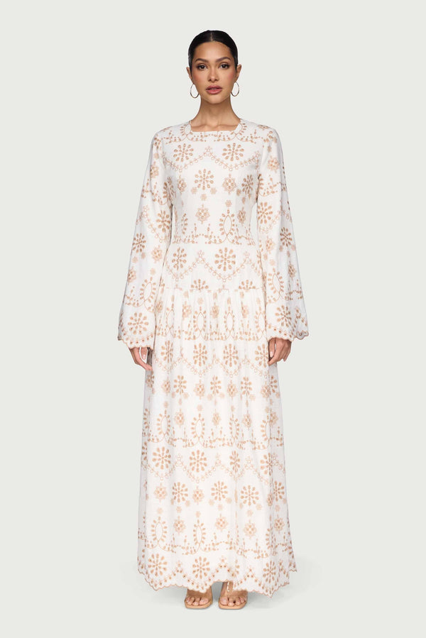 Cotton Eyelet Embroidered Drop Waist Maxi Dress - White Dresses Veiled 