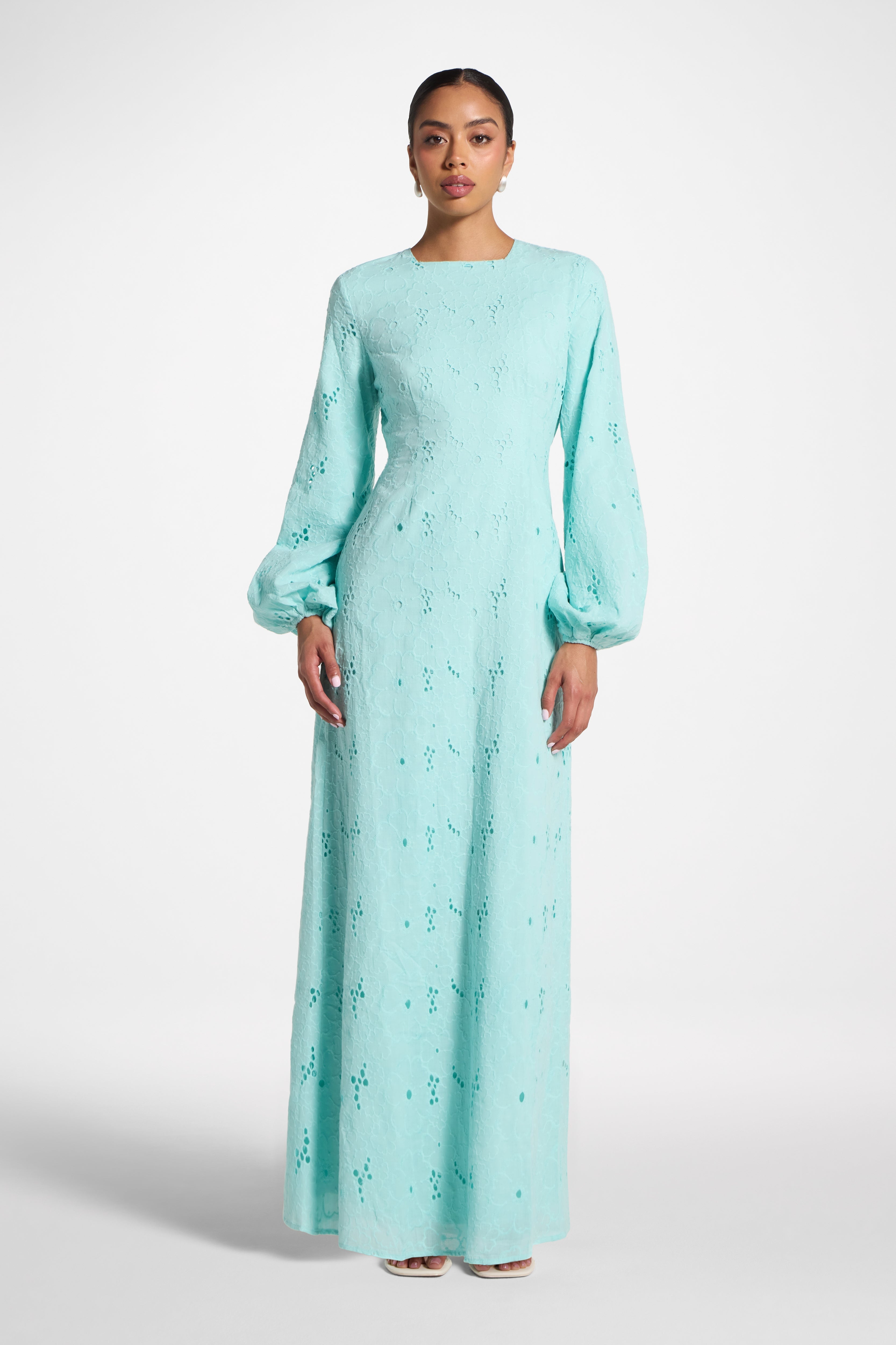 Cotton Eyelet Maxi Dress - Aqua Dress Veiled 