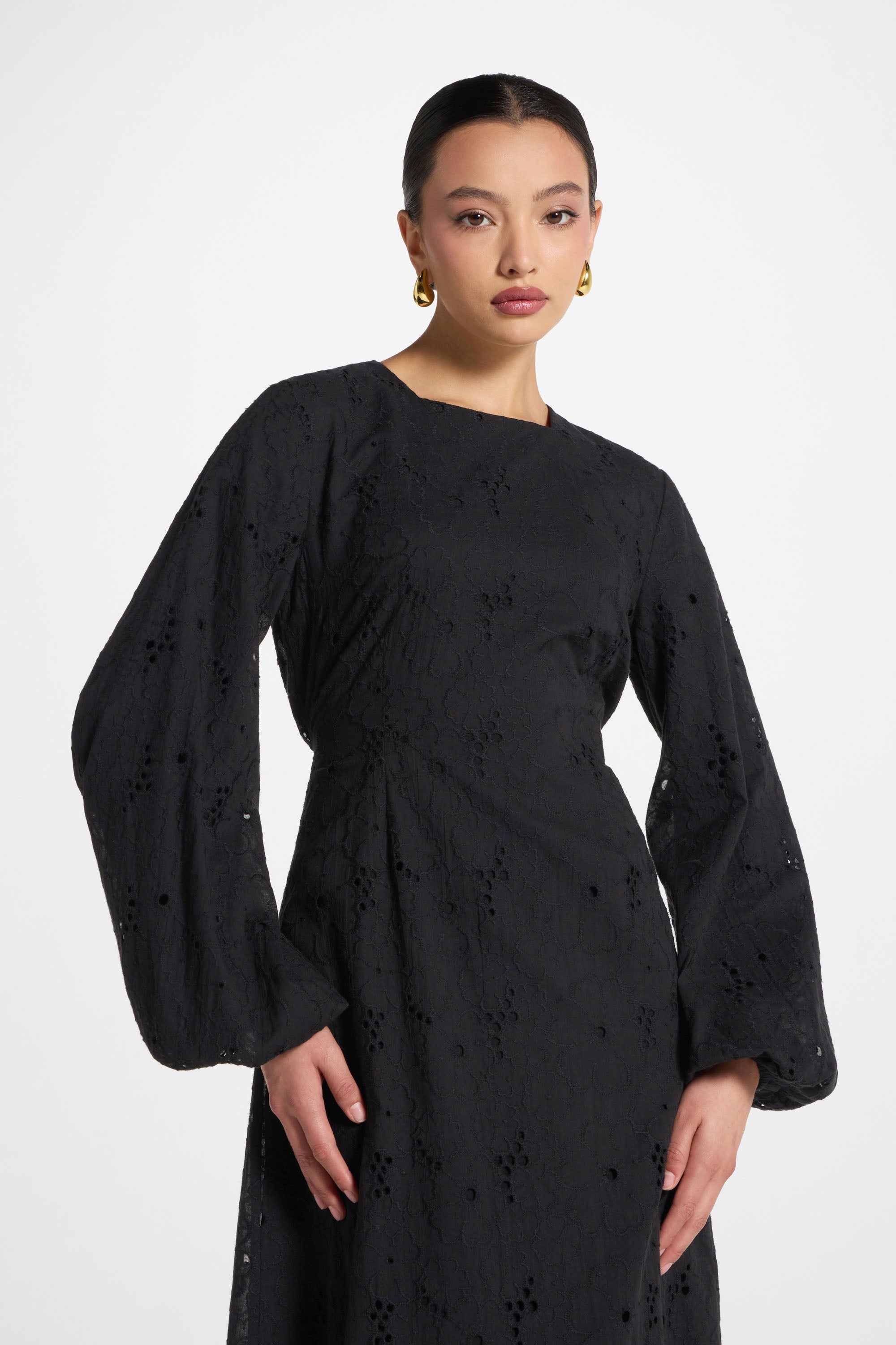 Cotton Eyelet Maxi Dress - Black Abayas Veiled 