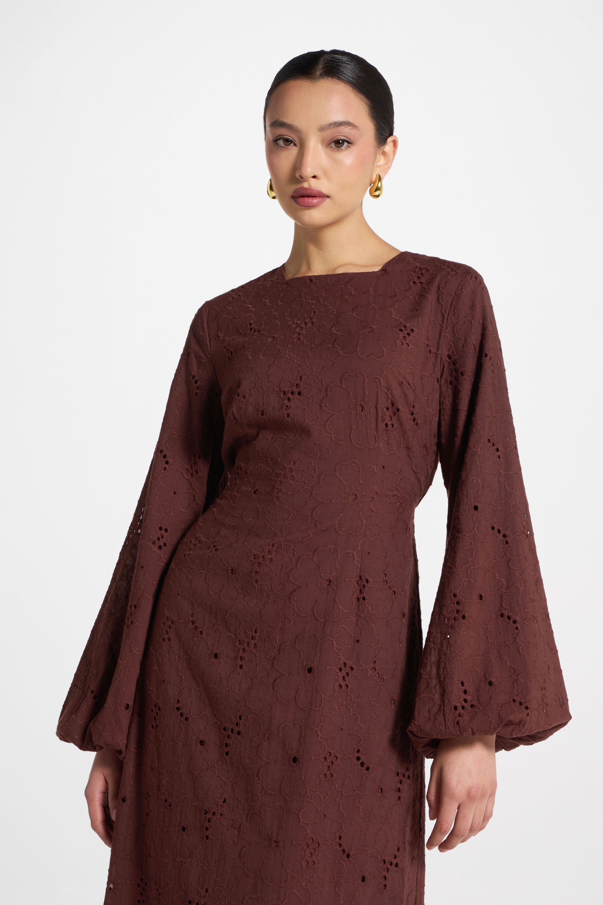 Cotton Eyelet Maxi Dress - Brown Abayas Veiled 