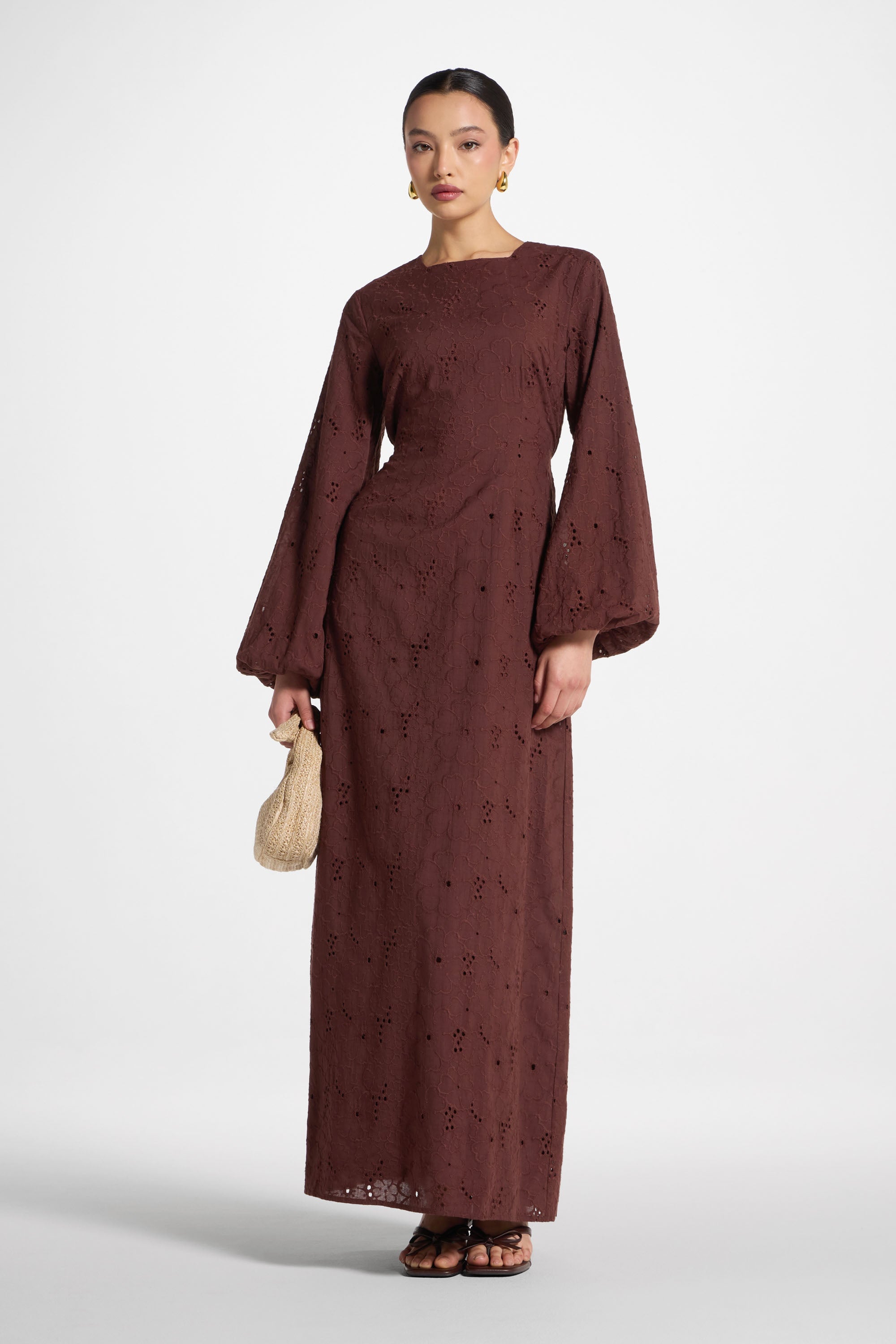 Cotton Eyelet Maxi Dress - Brown Abayas Veiled 