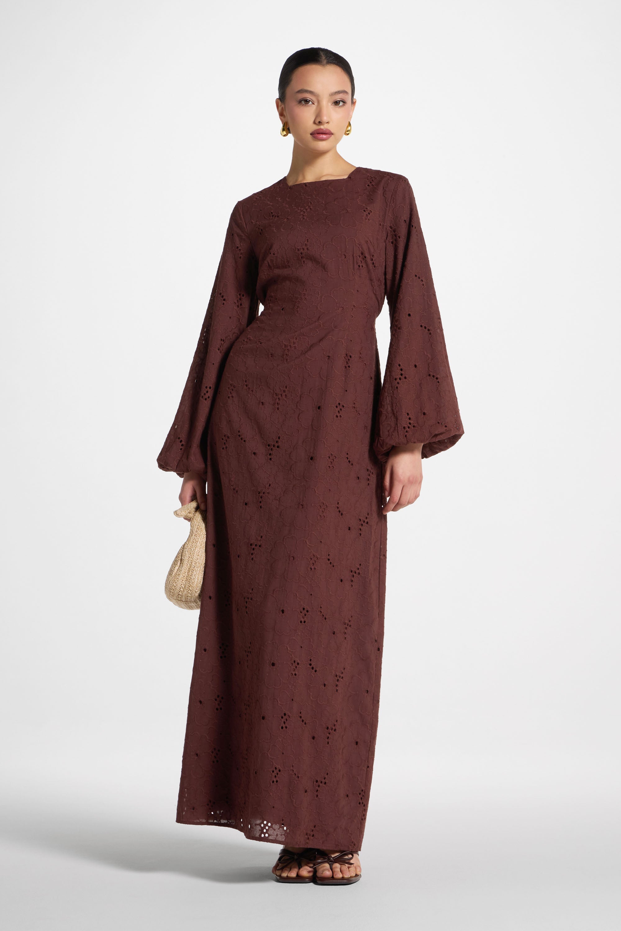 Cotton Eyelet Maxi Dress - Brown Abayas Veiled 