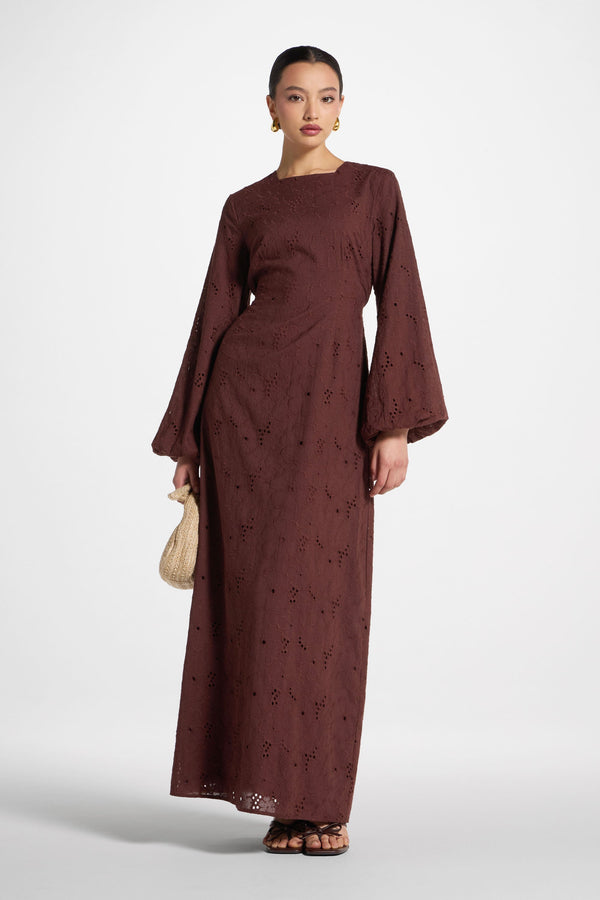 Cotton Eyelet Maxi Dress - Brown Abayas Veiled 