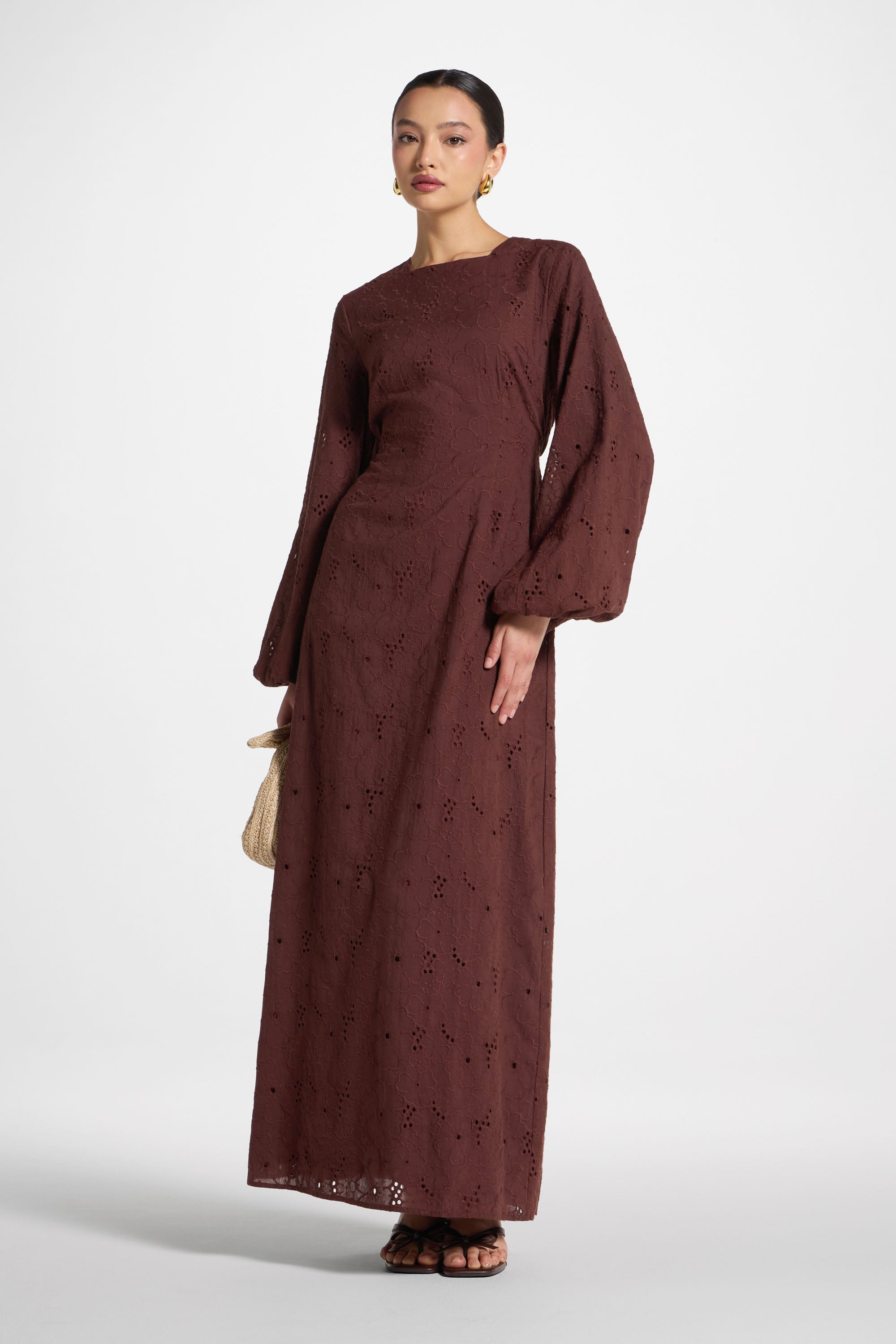 Cotton Eyelet Maxi Dress - Brown Abayas Veiled 