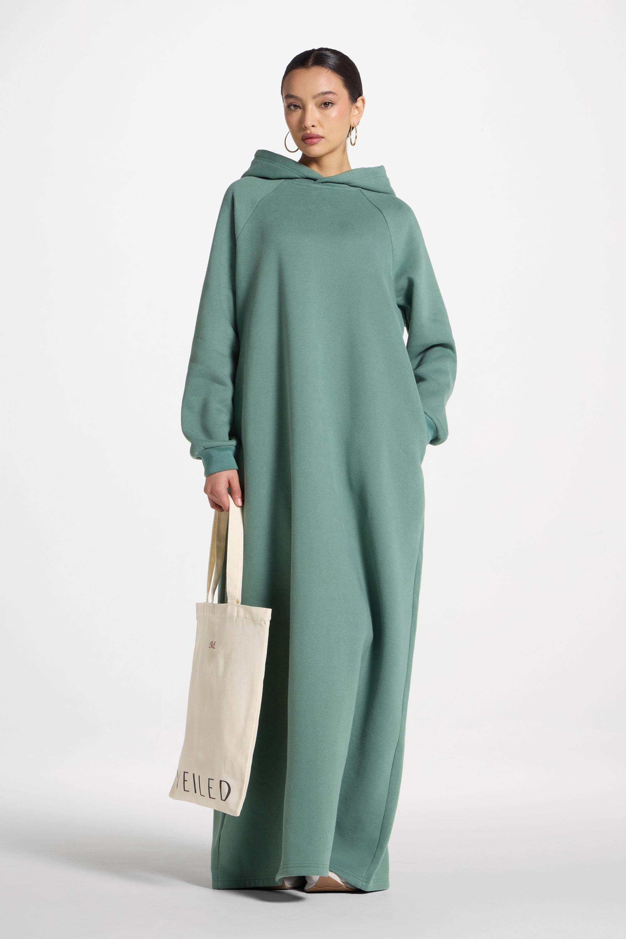 Cotton Hoodie Maxi Dress - Retro Green Abayas Veiled 