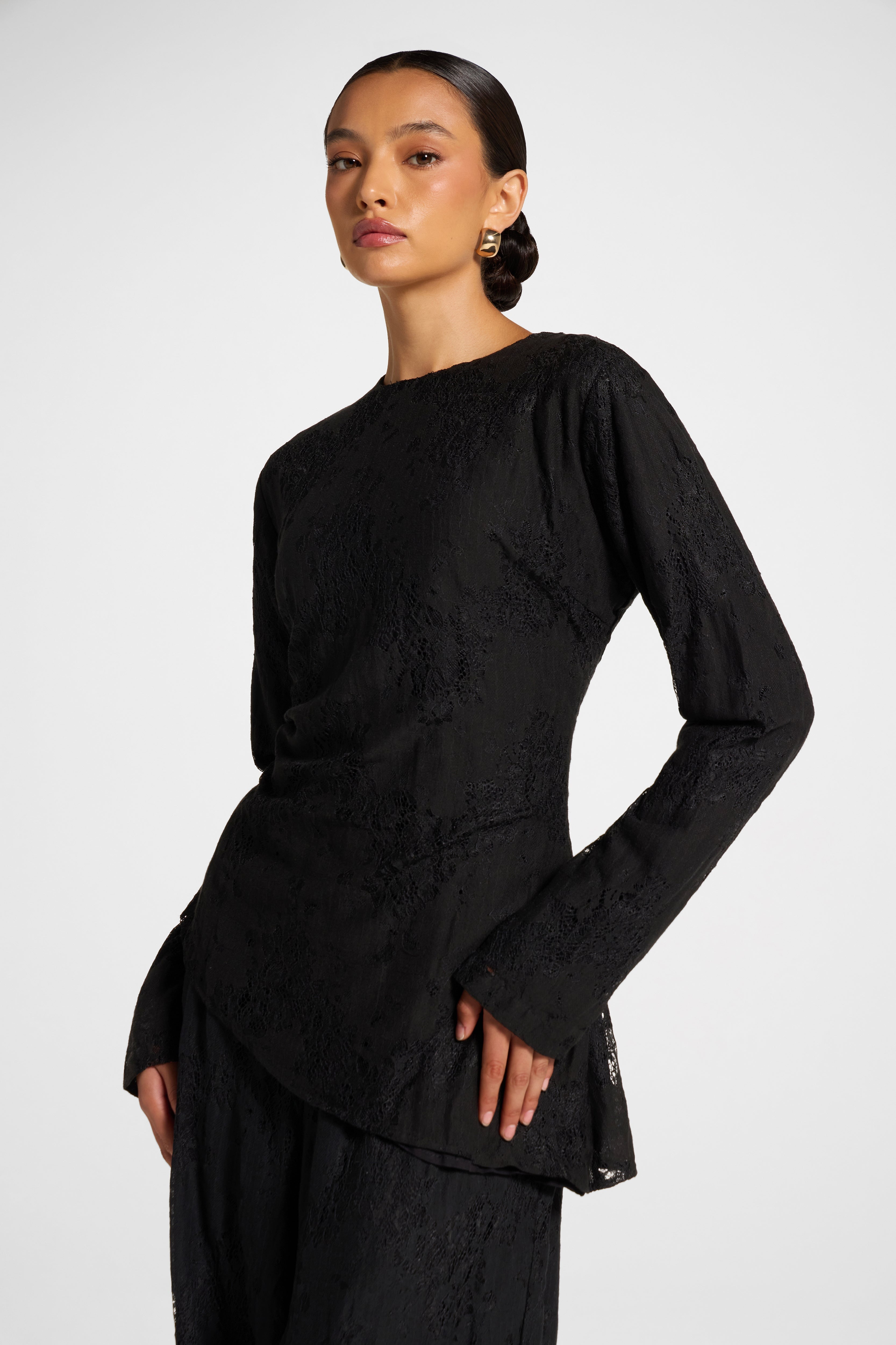 Cotton Lace Asymmetric Top - Black