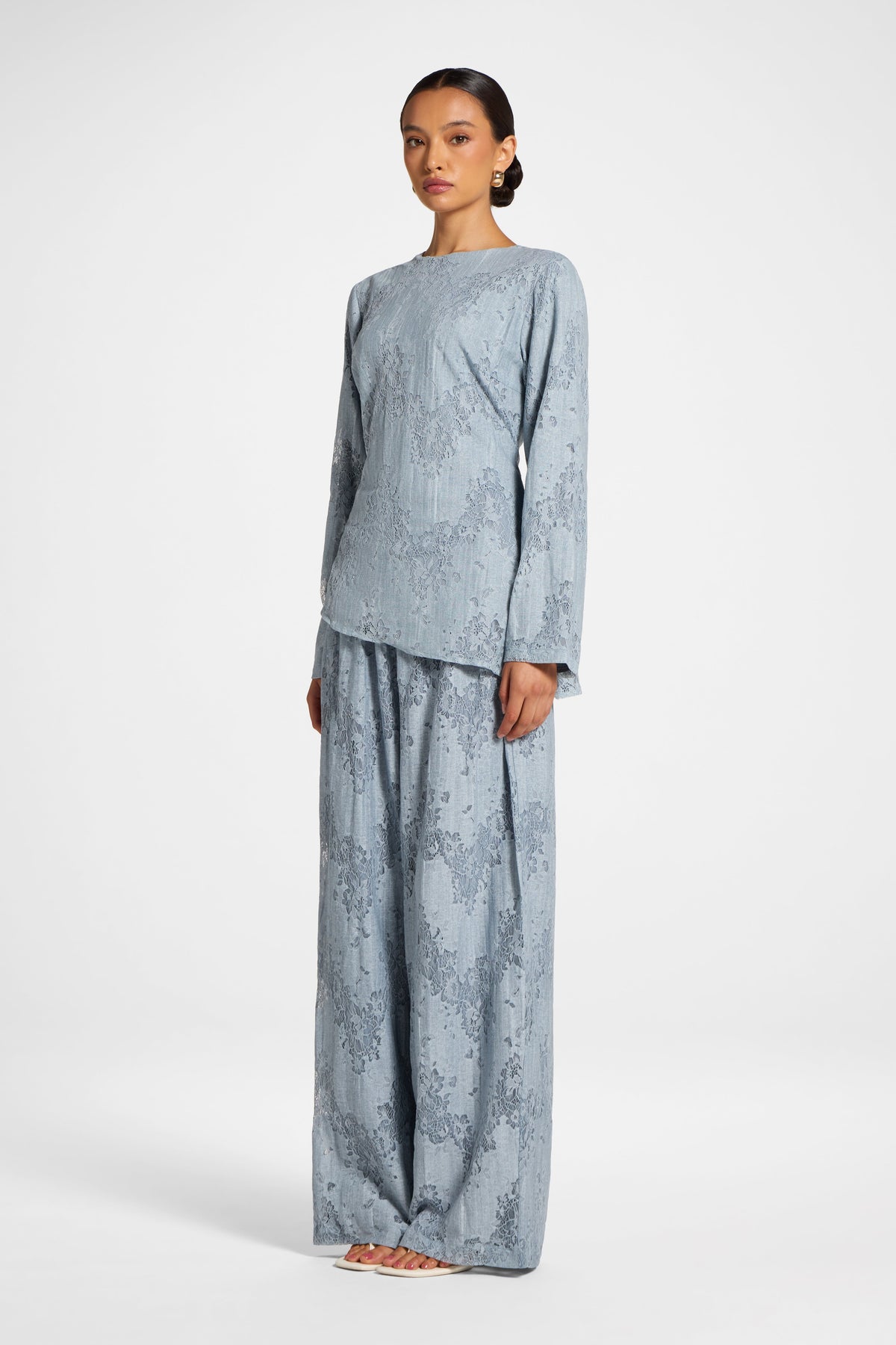 Cotton Lace Asymmetric Top - Denim Top Veiled 