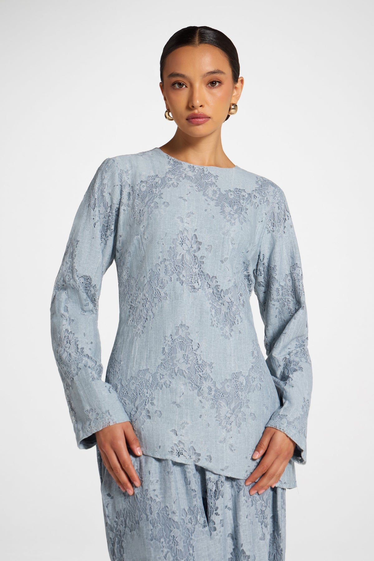 Cotton Lace Asymmetric Top - Denim Top Veiled 