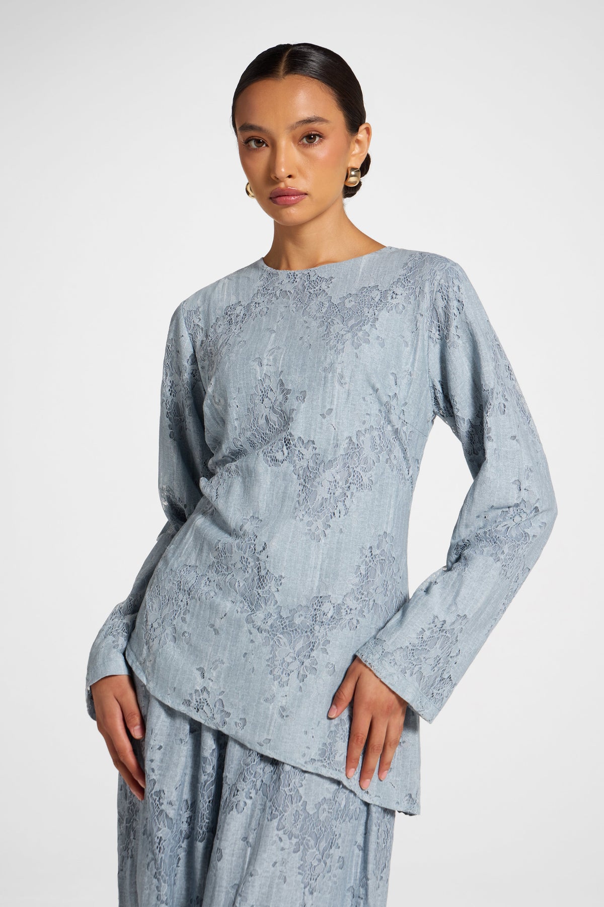 Cotton Lace Asymmetric Top - Denim Top Veiled 