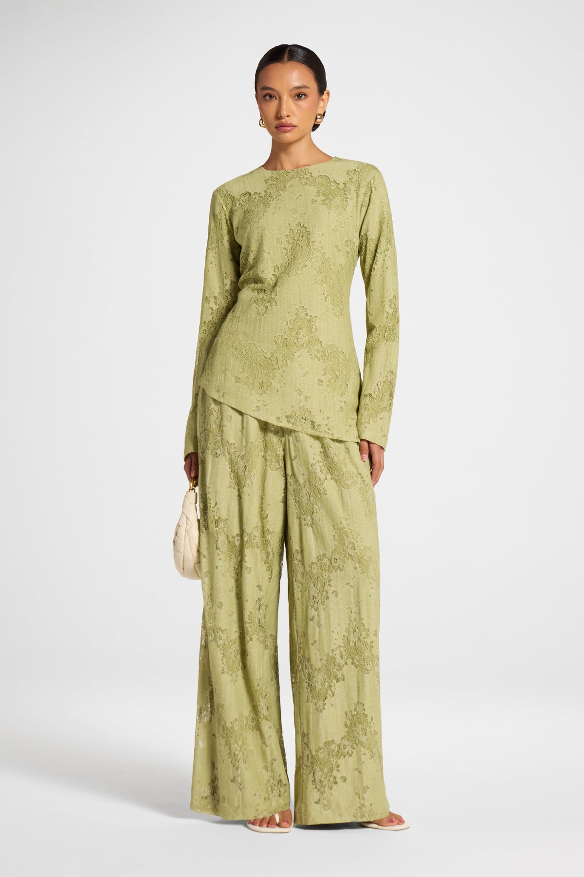 Cotton Lace Asymmetric Top - Light Olive Top Veiled 