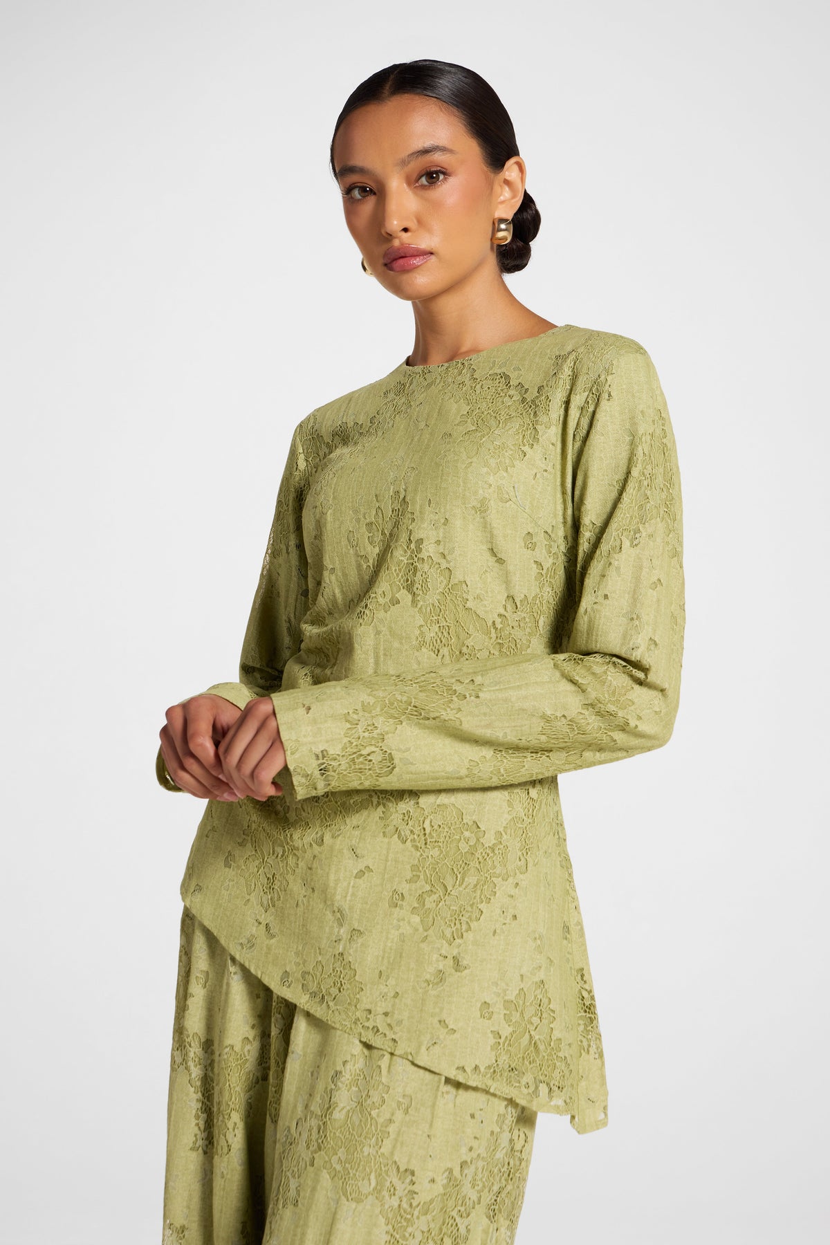 Cotton Lace Asymmetric Top - Light Olive Top Veiled 
