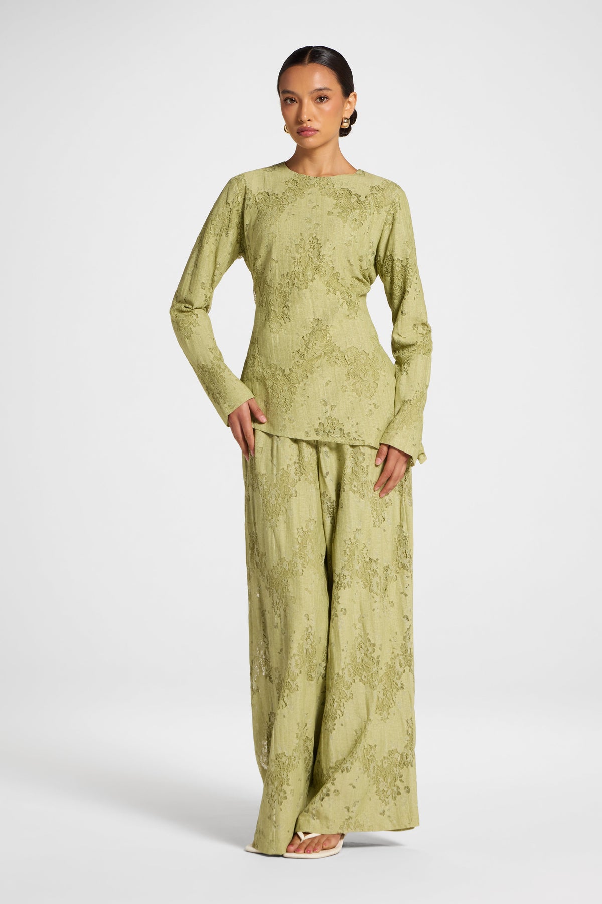Cotton Lace Asymmetric Top - Light Olive Top Veiled 