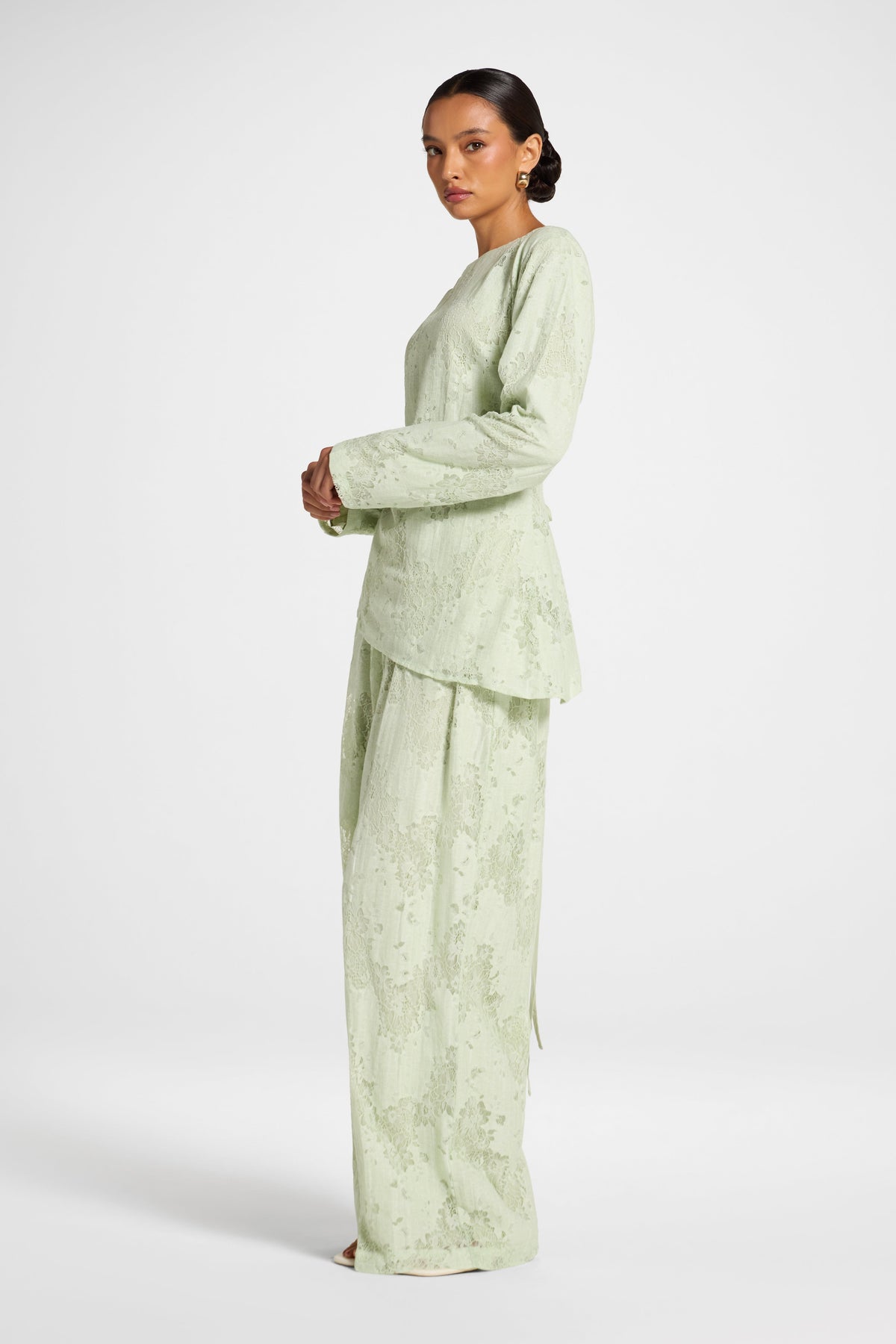 Cotton Lace Asymmetric Top - Pistachio Top Veiled 