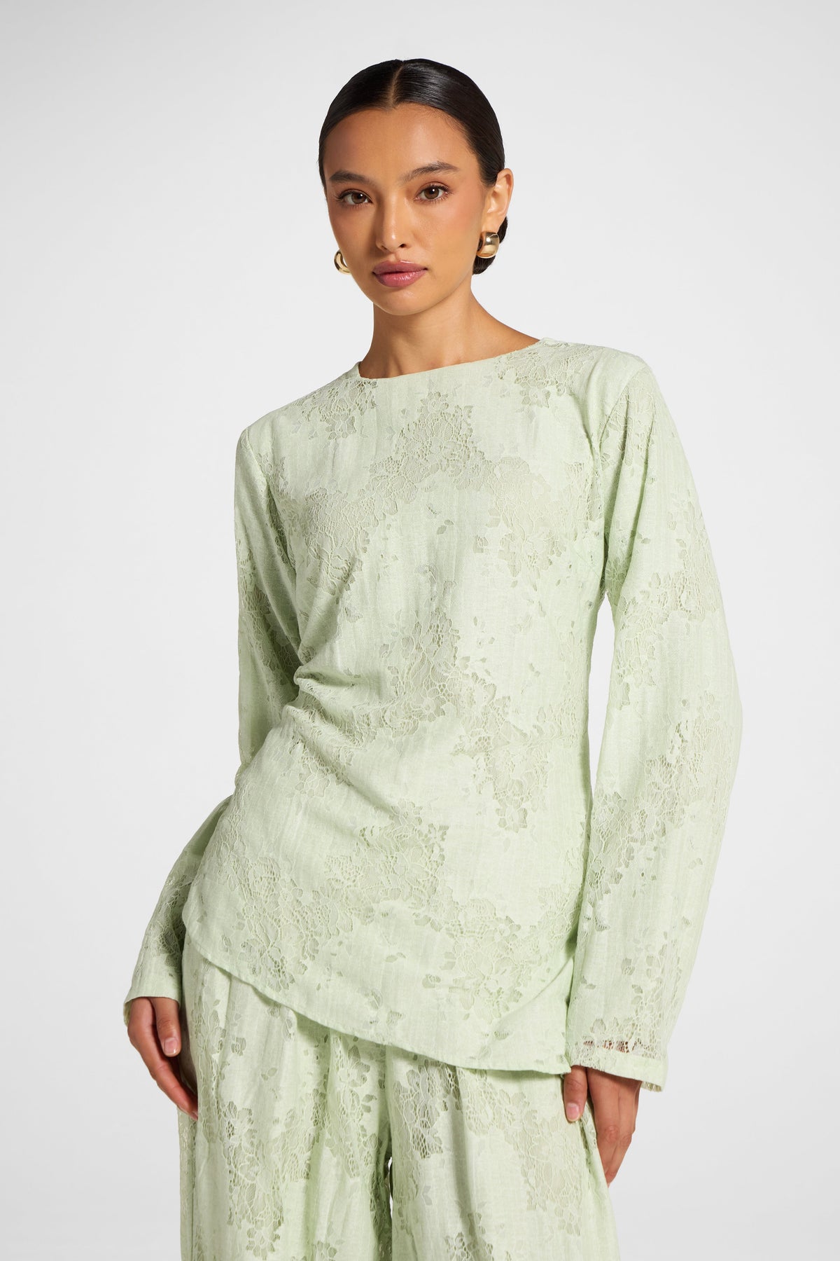 Cotton Lace Asymmetric Top - Pistachio Top Veiled 