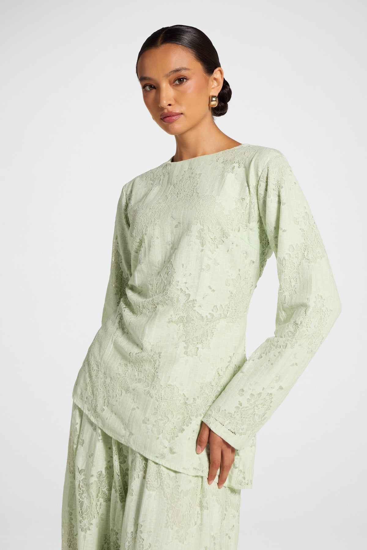 Cotton Lace Asymmetric Top - Pistachio Top Veiled 