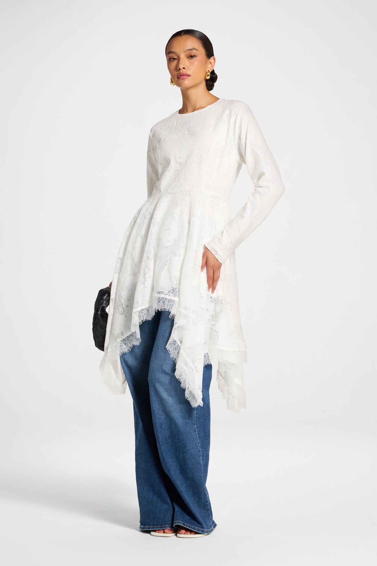 Cotton Lace Handkerchief Hem Top - White Top Veiled 