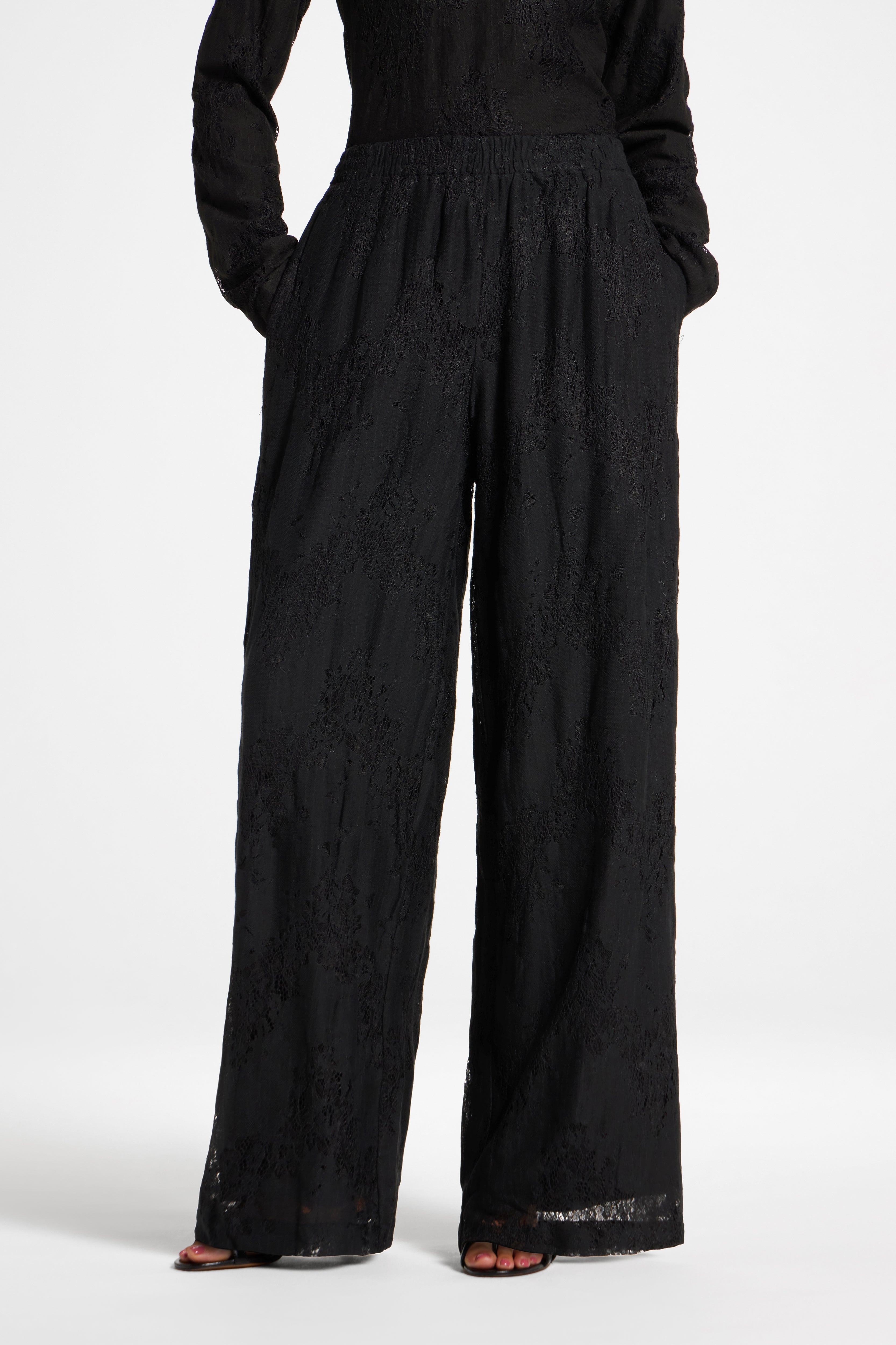 Cotton Lace Wide Leg Pant - Black
