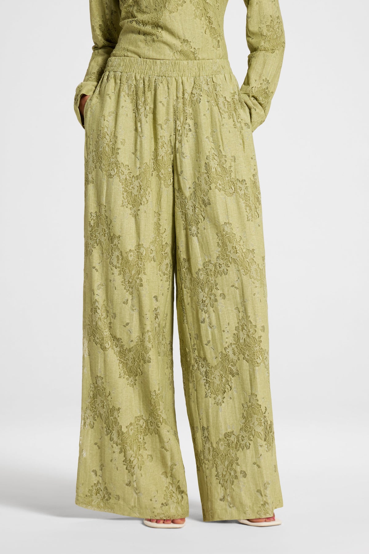 Cotton Lace Wide Leg Pant - Light Olive Pants Veiled 