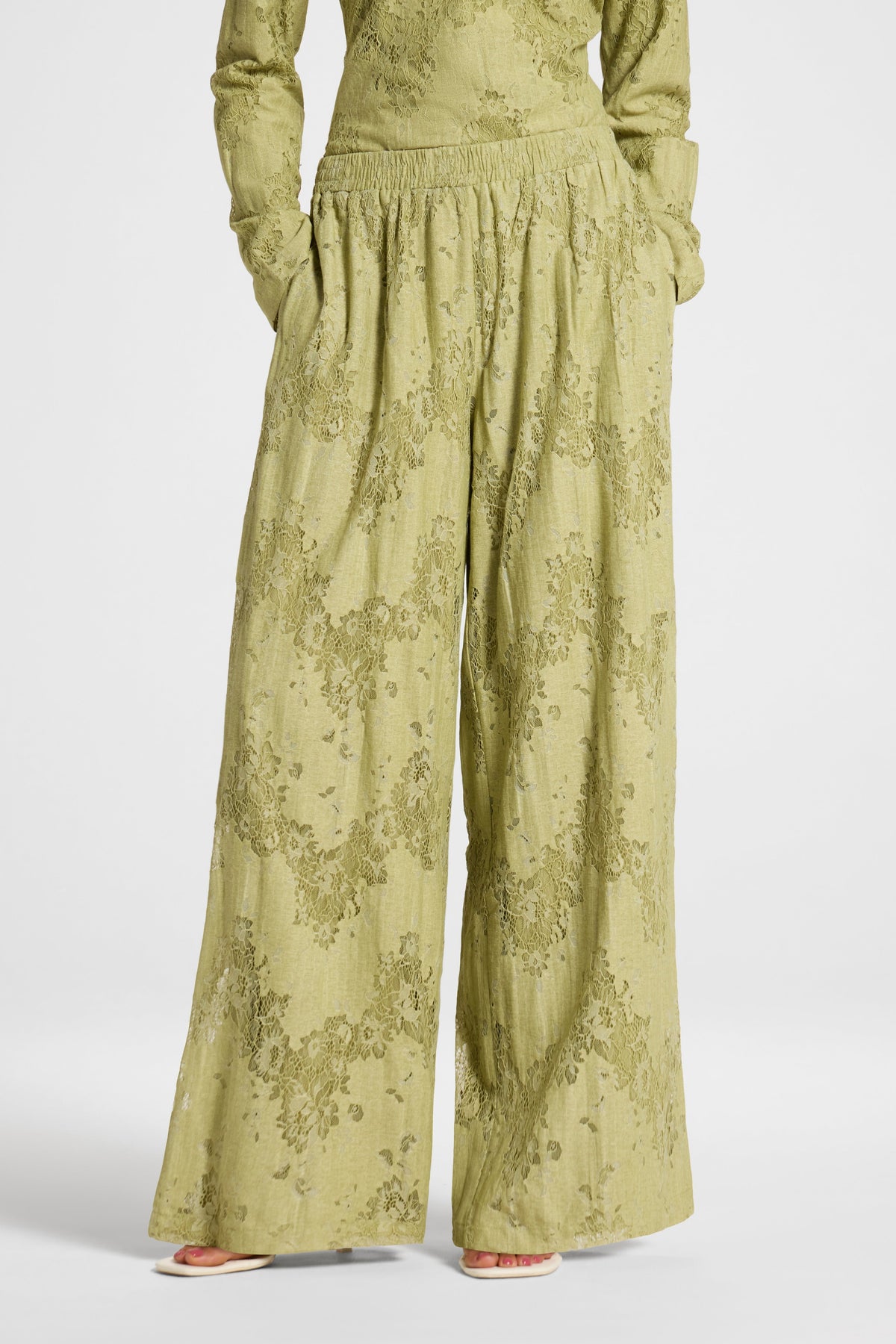 Cotton Lace Wide Leg Pant - Light Olive Pants Veiled 
