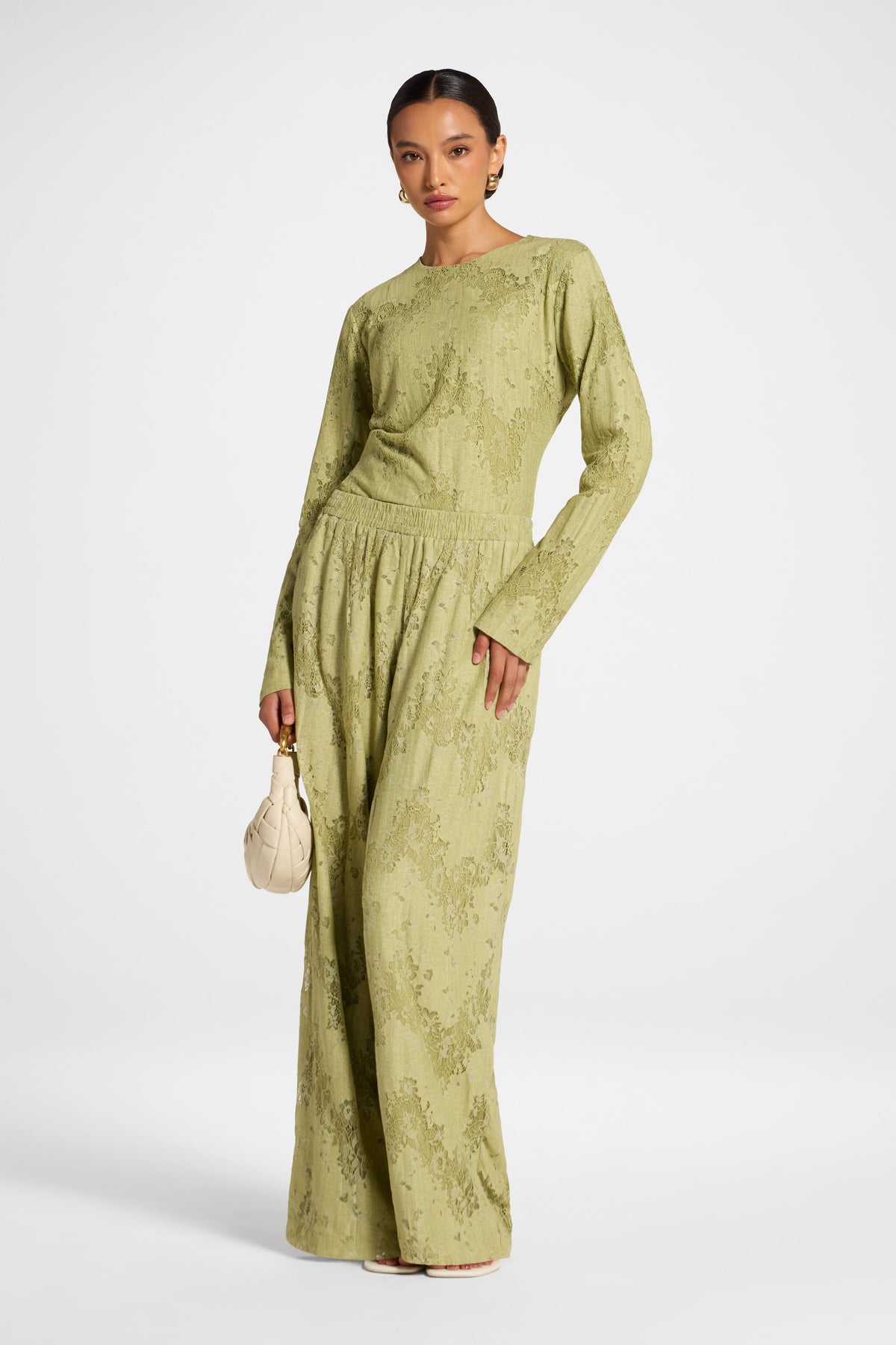Cotton Lace Wide Leg Pant - Light Olive Pants Veiled 