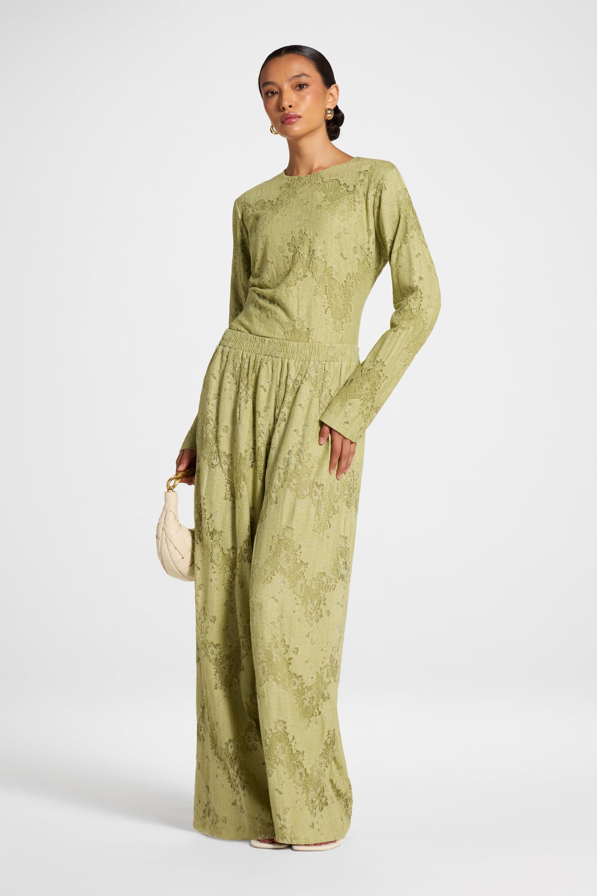 Cotton Lace Wide Leg Pant - Light Olive Pants Veiled 