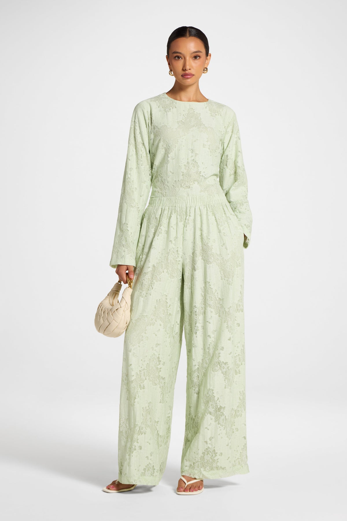Cotton Lace Wide Leg Pant - Pistachio Pants Veiled 