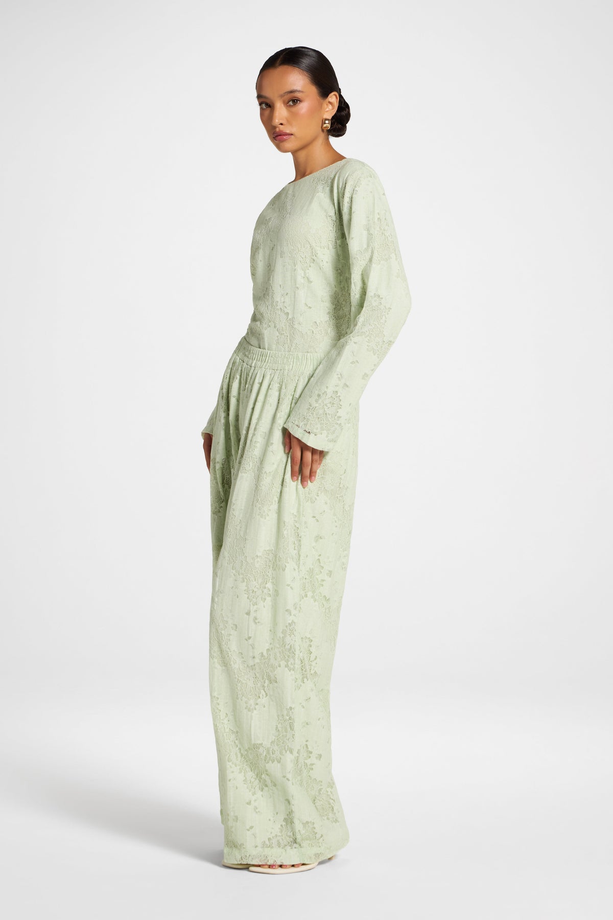 Cotton Lace Wide Leg Pant - Pistachio Pants Veiled 