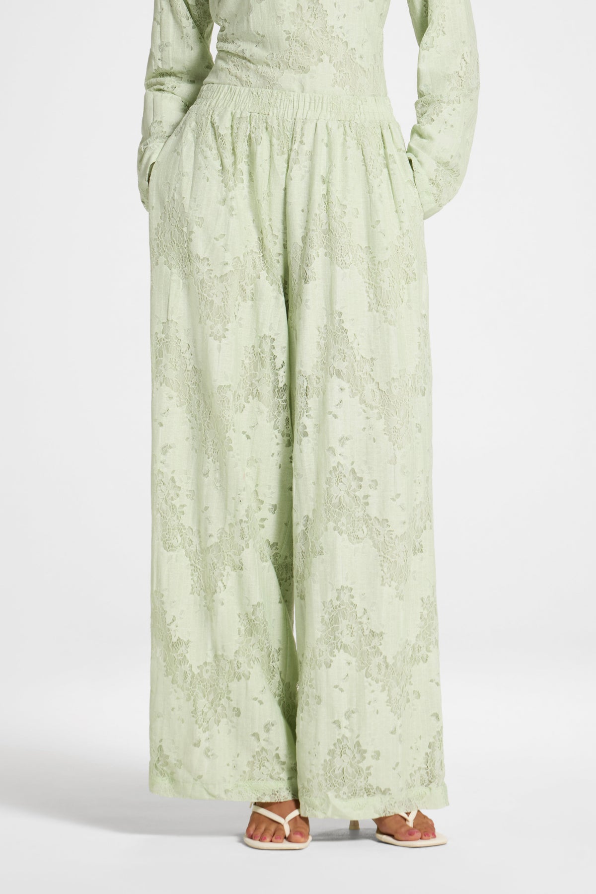 Cotton Lace Wide Leg Pant - Pistachio Pants Veiled 
