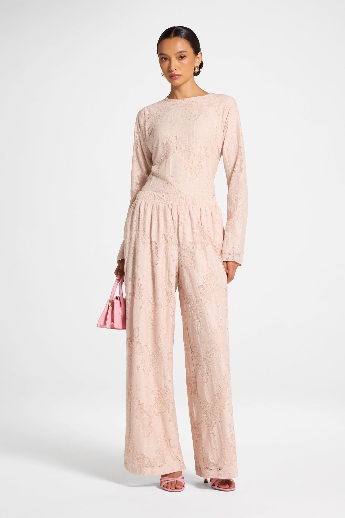 Cotton Lace Wide Leg Pant - Soft Pink Pants Veiled 
