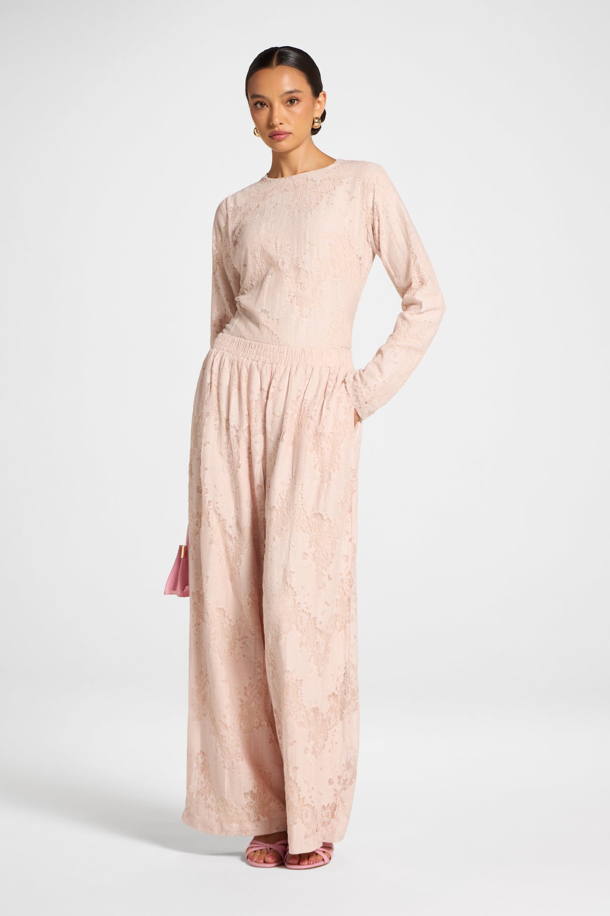 Cotton Lace Wide Leg Pant - Soft Pink Pants Veiled 