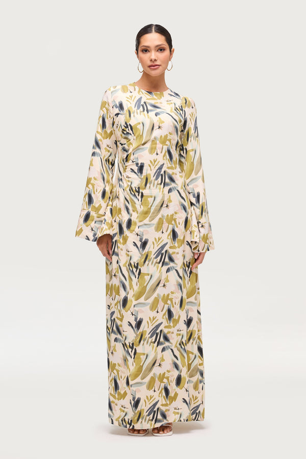 Cotton Linen Asymmetric Maxi Dress - Sage Watercolor Dresses Veiled 