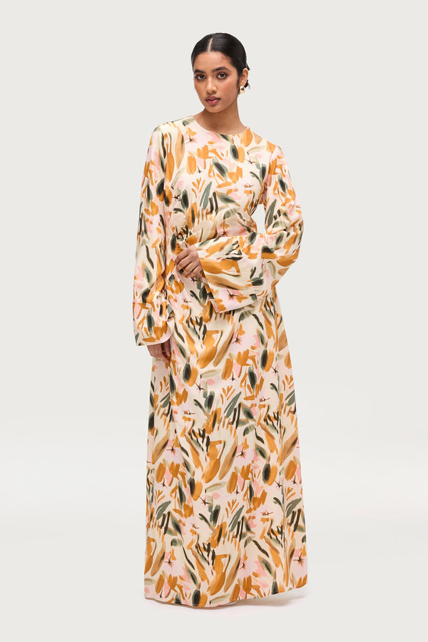 Cotton Linen Asymmetric Maxi Dress - Sunset Watercolor Dresses Veiled 