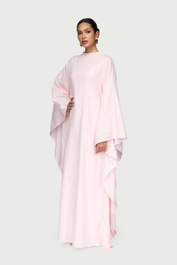 Cotton Linen Butterfly Inner Tie Abaya Dress - Hint of Pink Cotton Linen Butterfly Inner Tie Abaya Dress - Hint of Pink