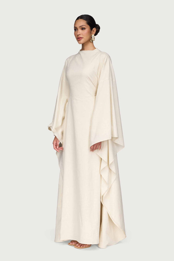 Cotton Linen Butterfly Inner Tie Abaya Dress - Oatmeal Abayas Veiled 