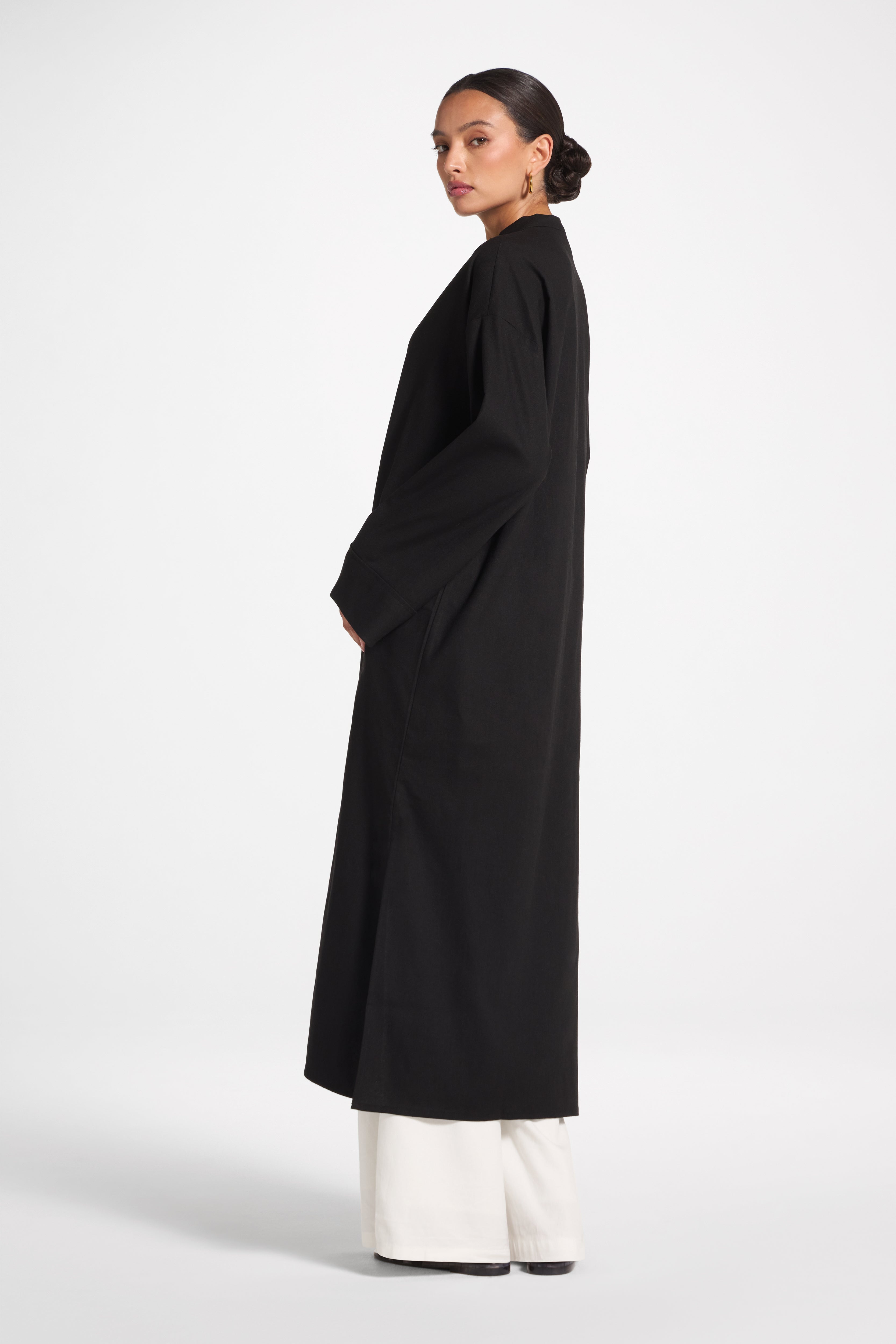 Cotton Linen Button-Up Cardigan Top - Black Top Veiled 