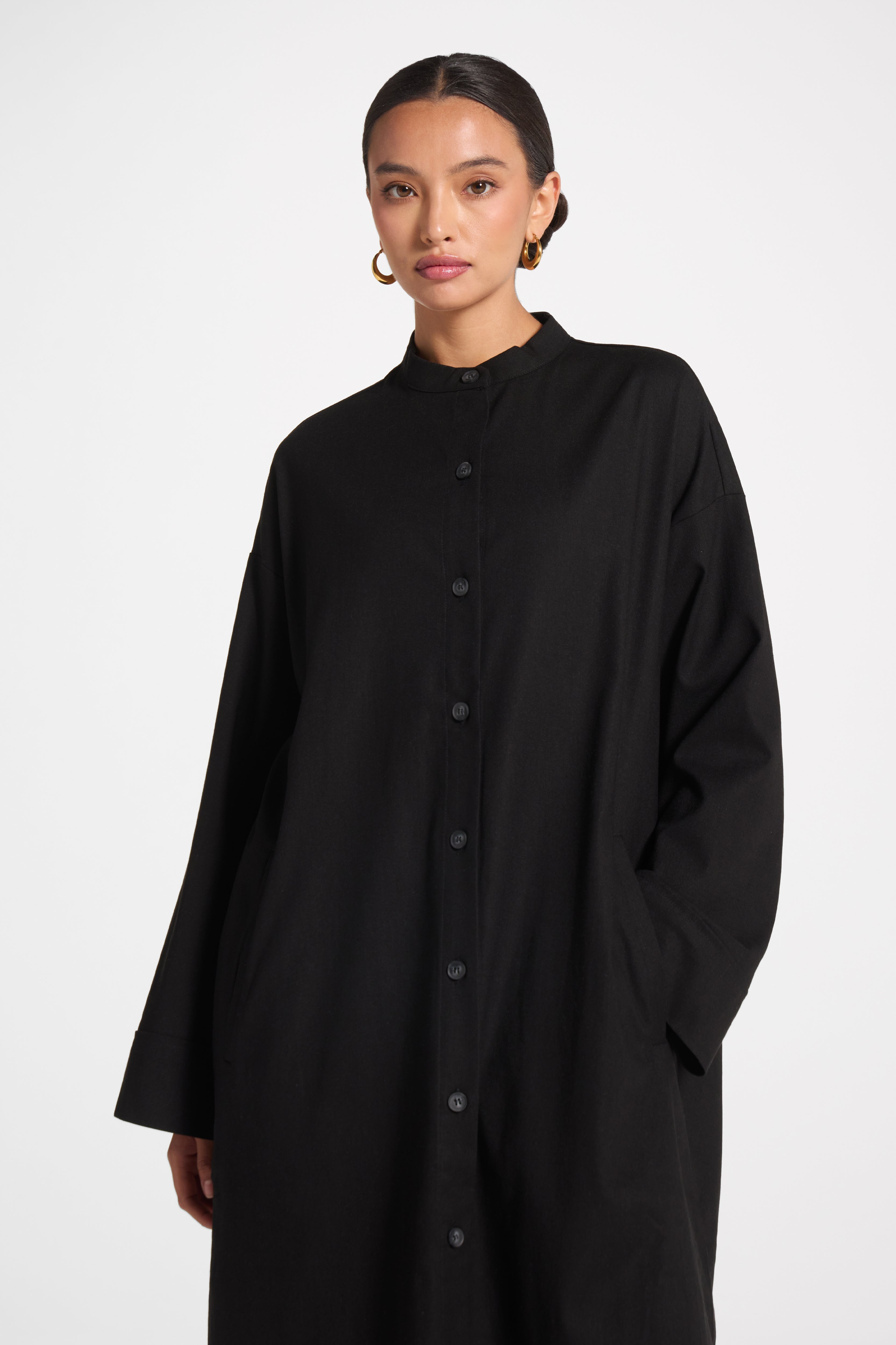 Cotton Linen Button-Up Cardigan Top - Black Top Veiled 