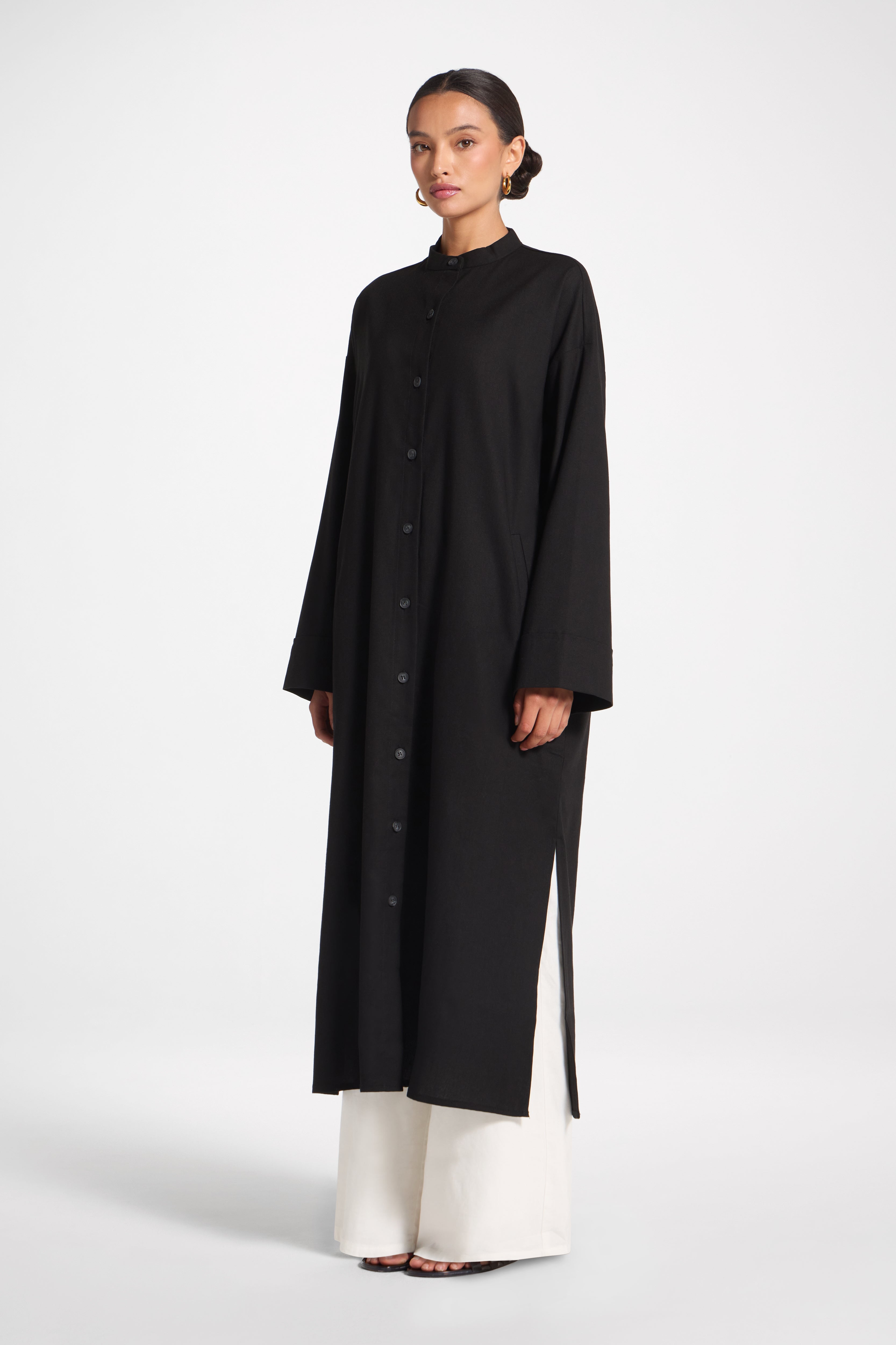 Cotton Linen Button-Up Cardigan Top - Black Top Veiled 