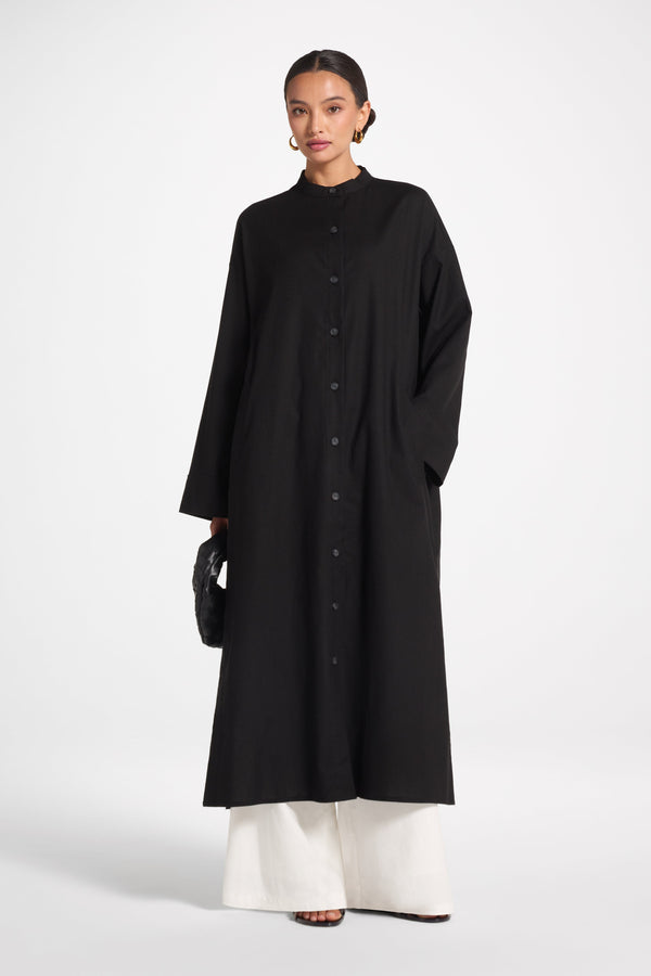 Cotton Linen Button-Up Cardigan Top - Black Top Veiled 