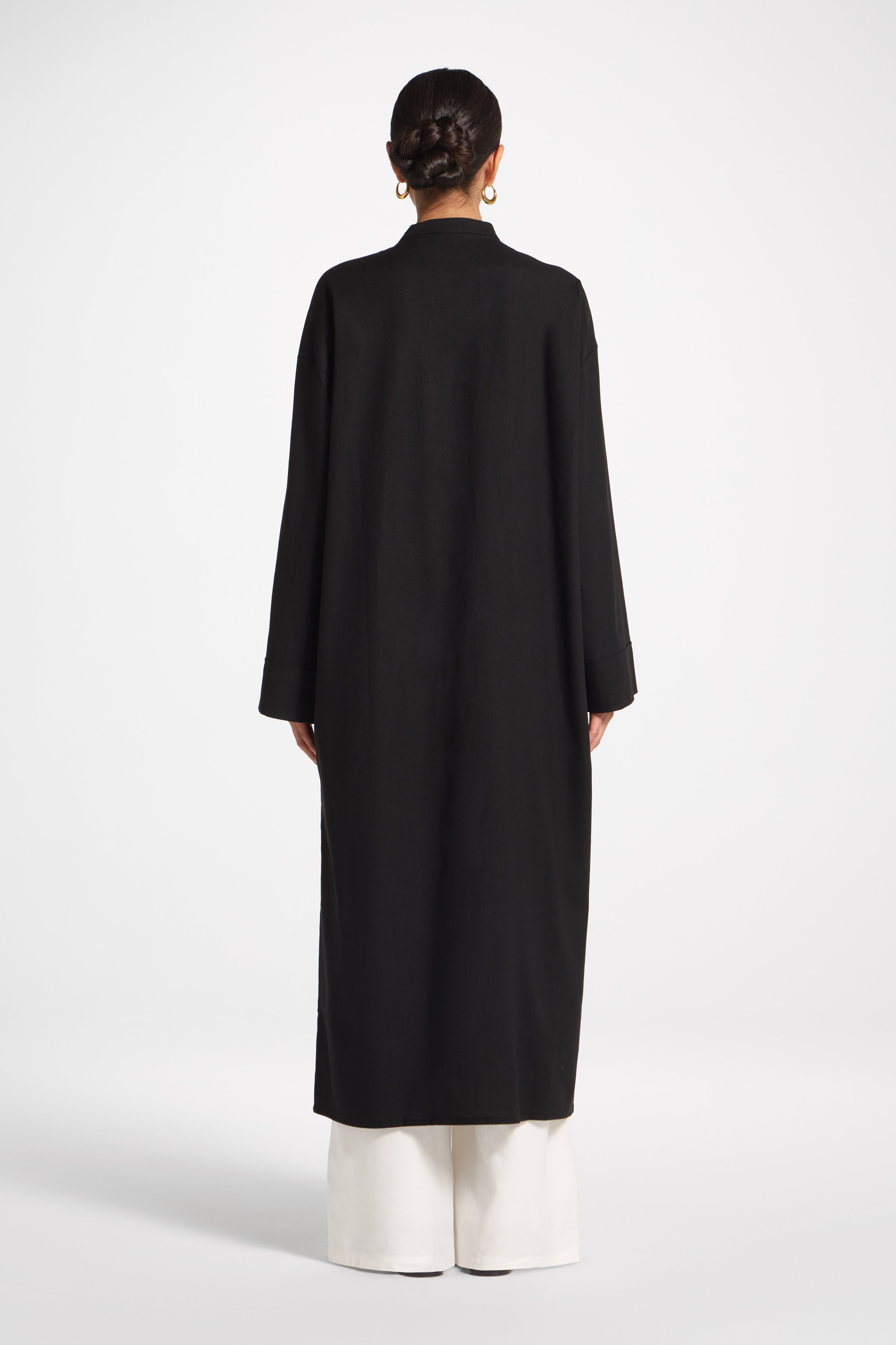 Cotton Linen Button-Up Cardigan Top - Black Top Veiled 